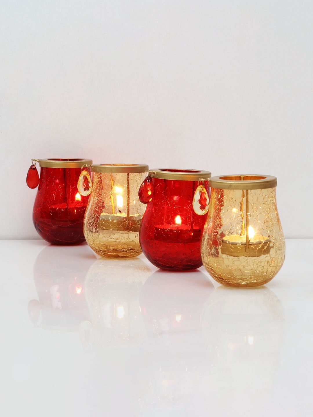 Home Centre Set Of 4 Red & Gold-Toned Textured Glass Candle Holder