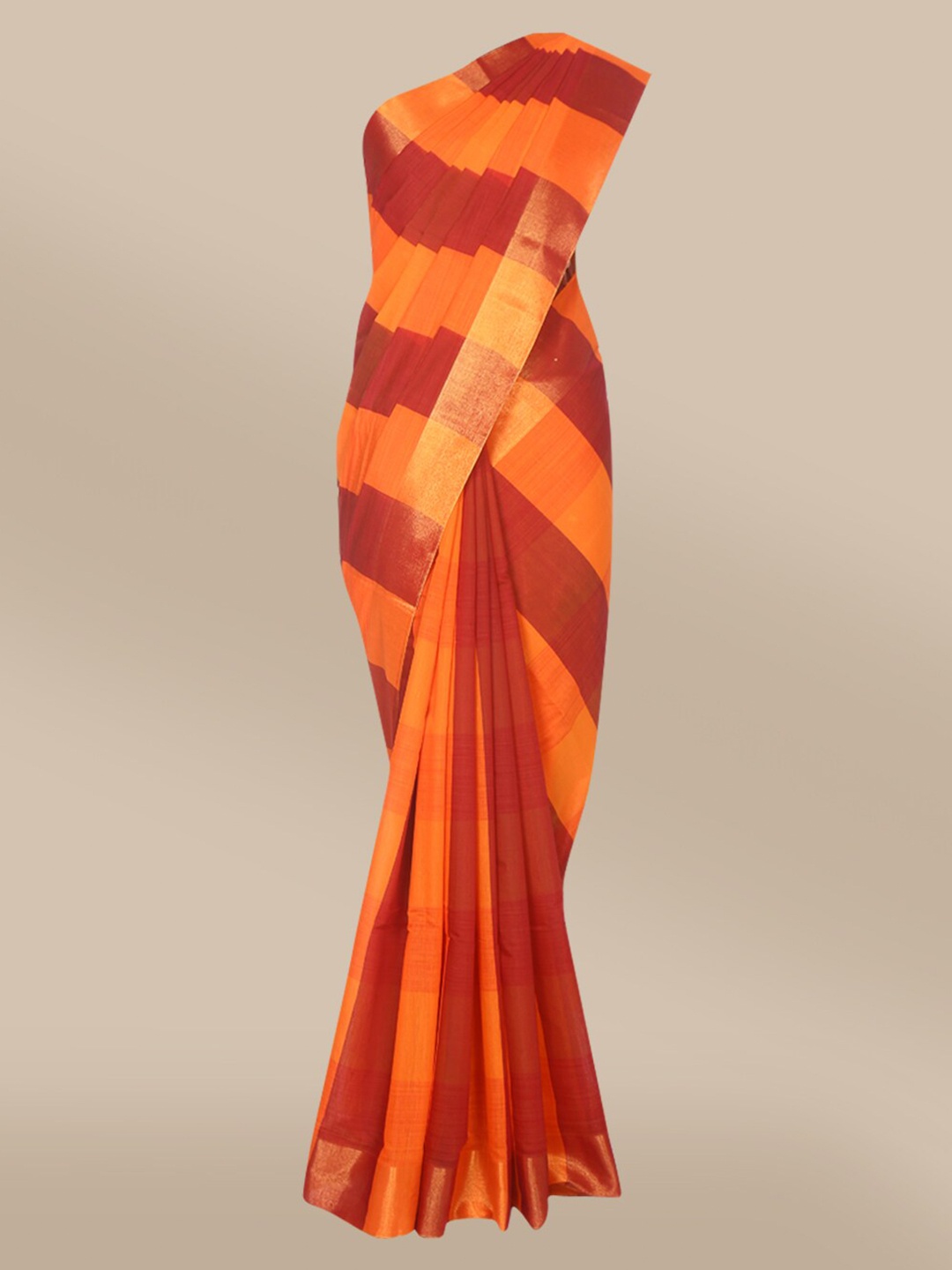 The Chennai Silks Orange & Maroon Striped Zari Saree
