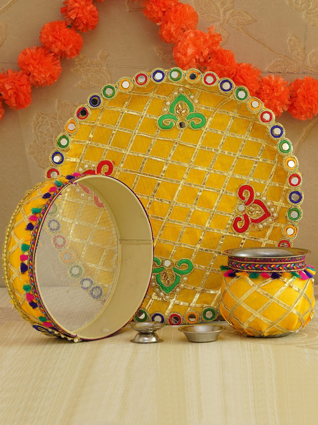 TIED RIBBONS Yellow Karwachauth Pooja Thali