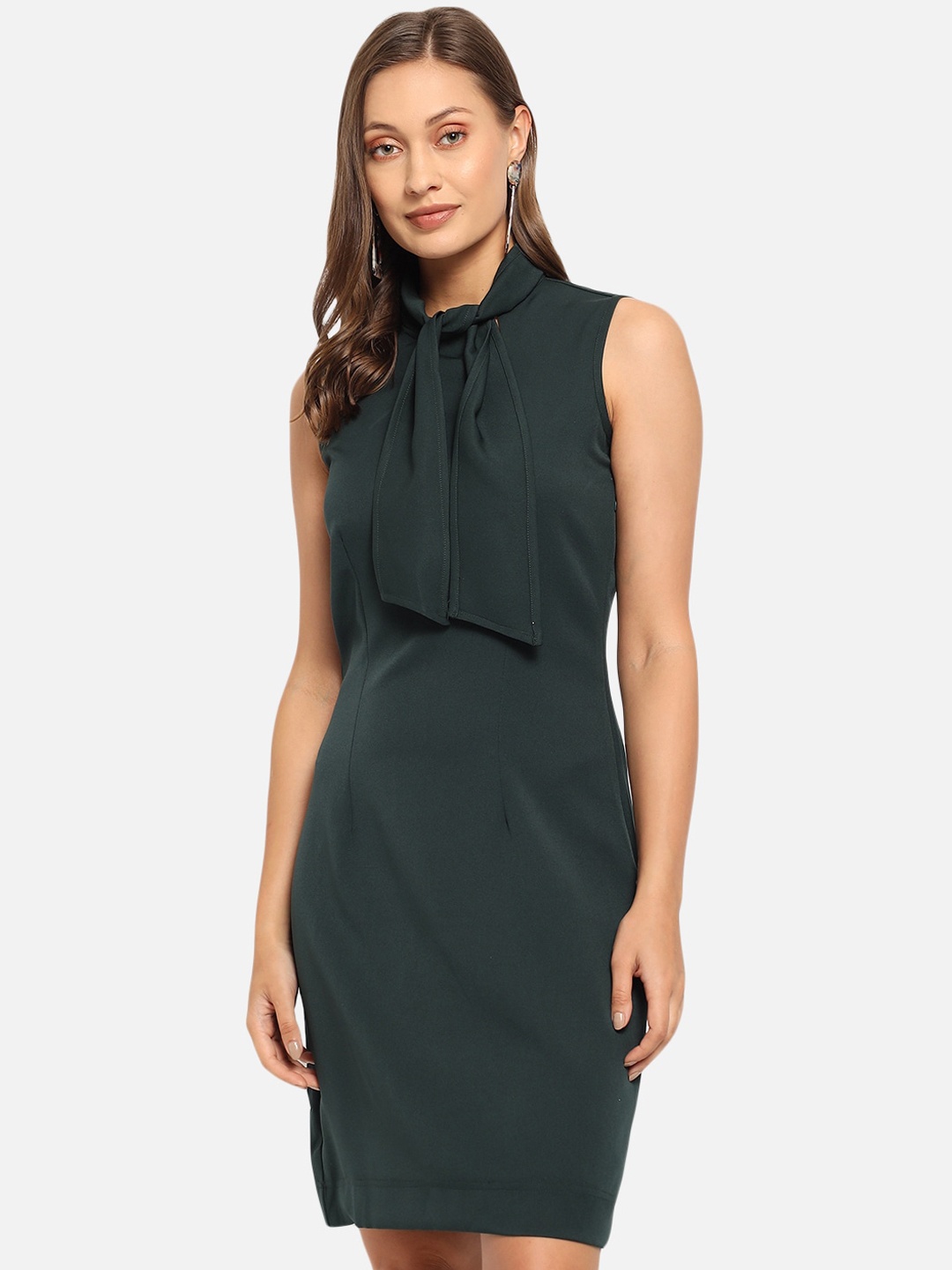 Just Wow Green Tie-Up Neck Sheath Dress
