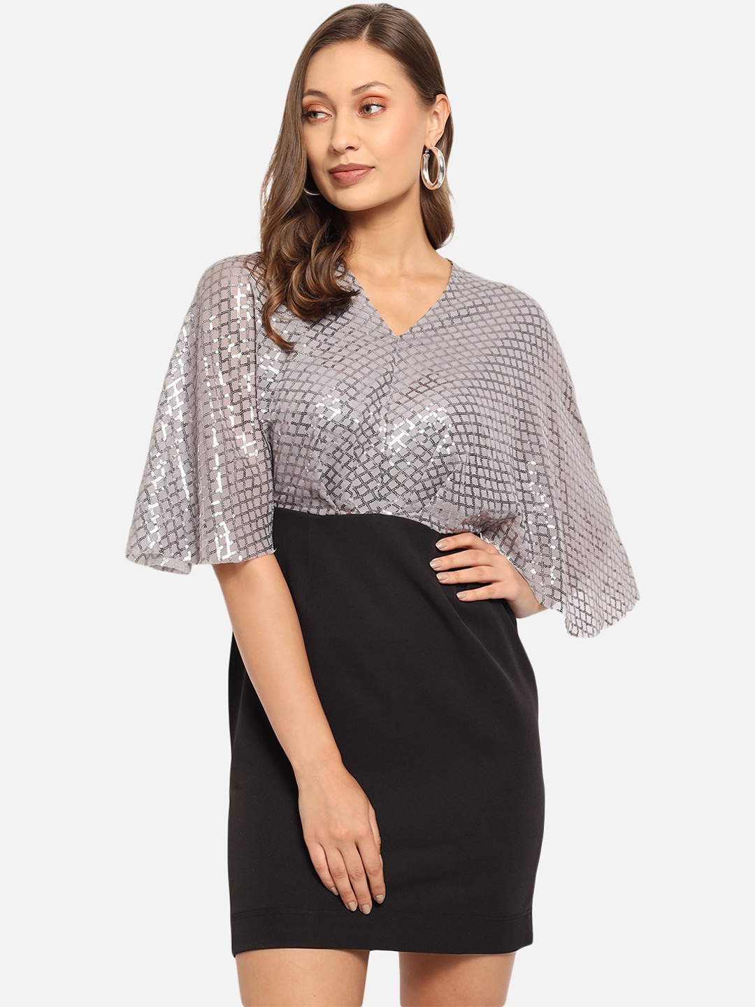 Just Wow Silver-Toned & Black Embellished Colourblocked Sheath Dress
