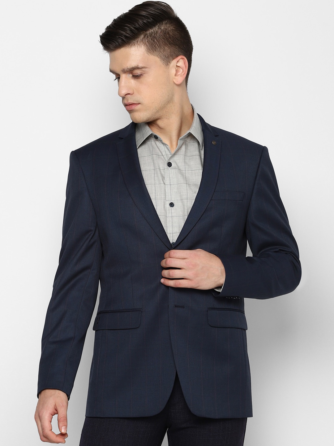 Allen Solly Men Navy Blue Checked Slim-Fit Single-Breasted Formal Blazer