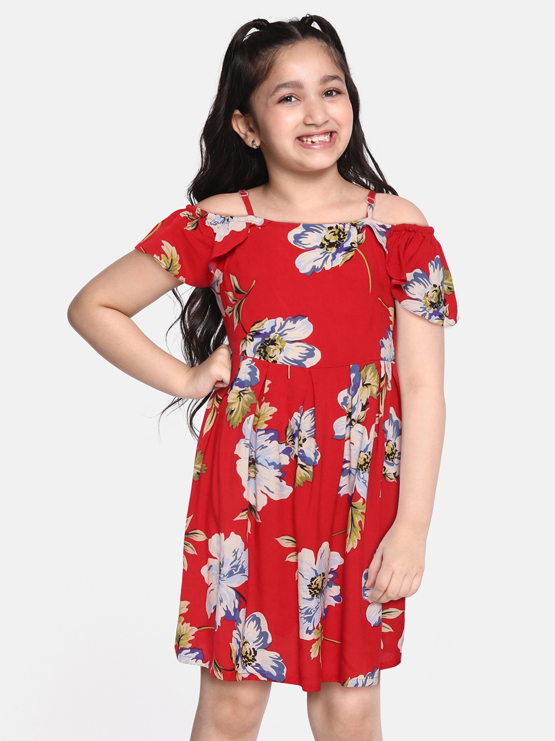 YK Girls Red & Blue Floral Print Fit & Flare Dress