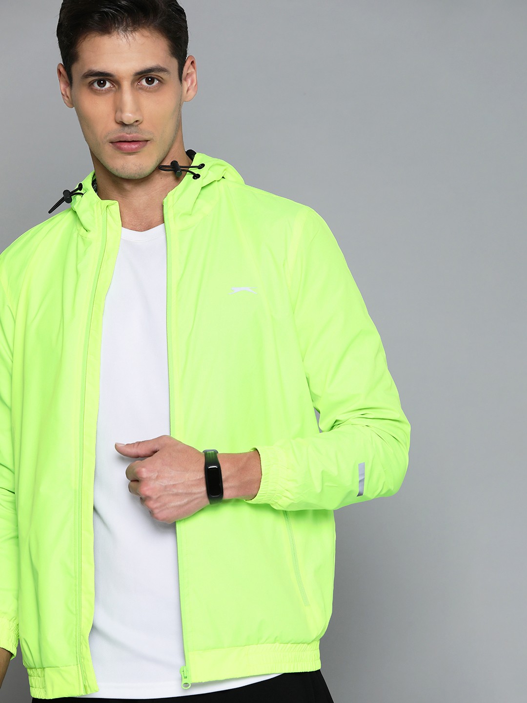 Slazenger Men Fluorescent Green Reflective Strip Solid Hooded Running Rapid-Dry Jacket
Slazenger Men Fluorescent Green Reflective Strip Solid Hooded Running Rapid-Dry Jacket