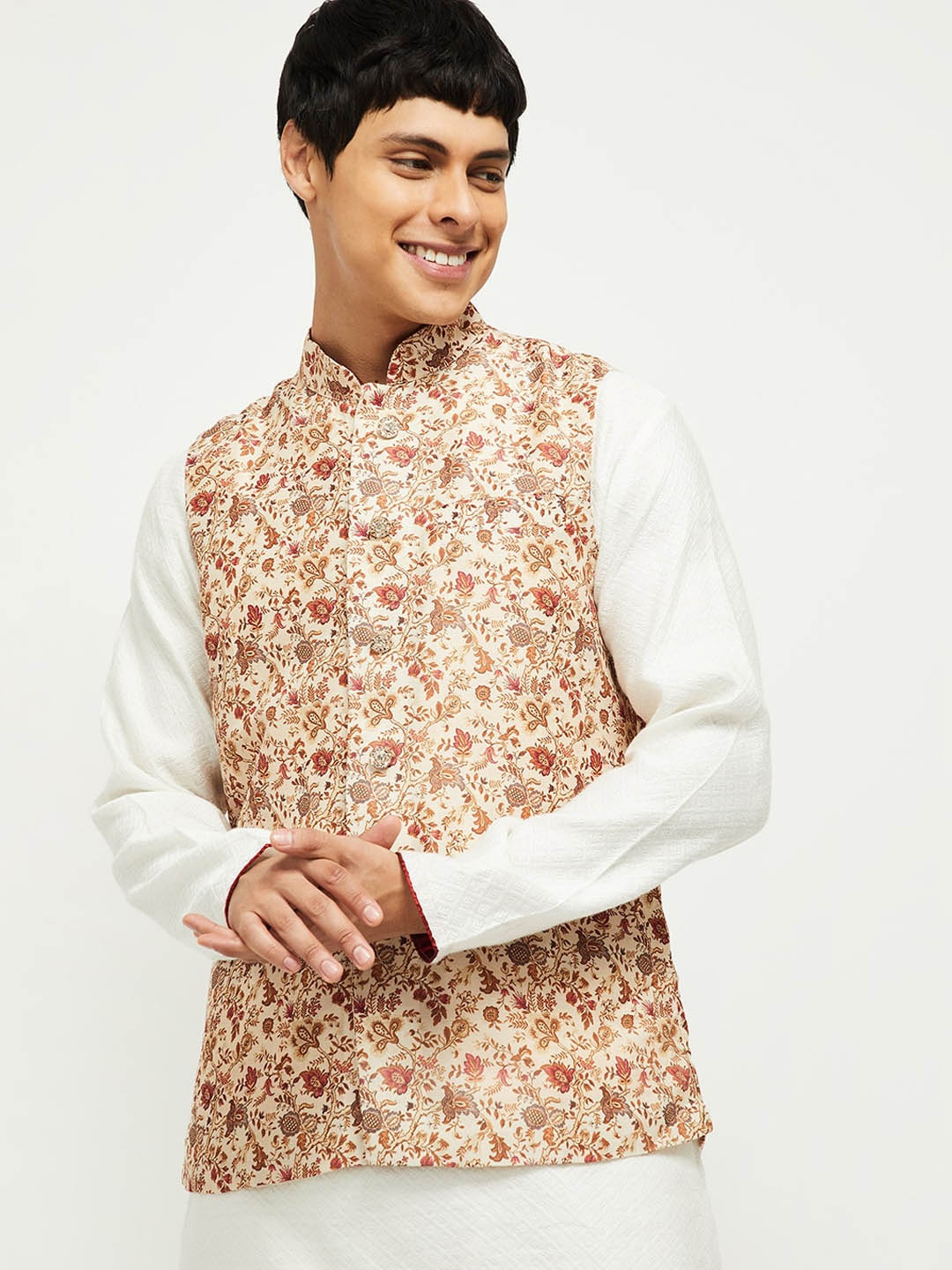 max Men Beige Floral Lightweight Nehru Jacket