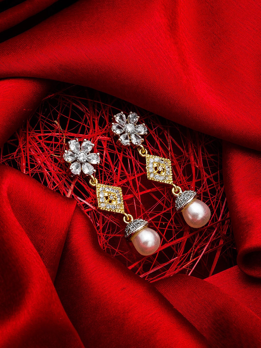 aadita Gold-Plated Handcrafted Contemporary AD-Studded Drop Earrings