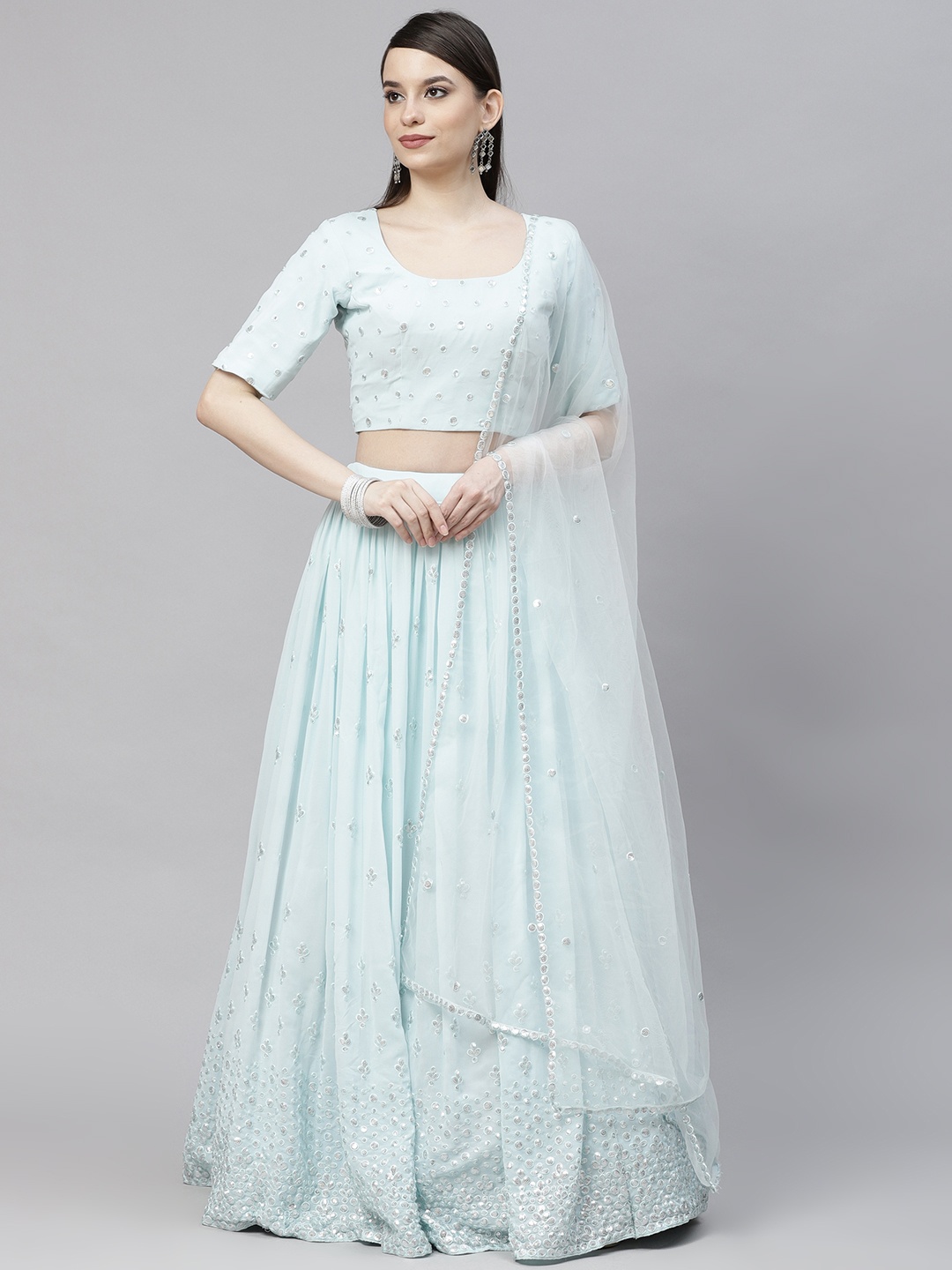 SHUBHKALA Turquoise Blue & Embroidered Sequinned Semi-Stitched Lehenga & Unstitched Blouse With Dupatta
SHUBHKALA Turquoise Blue & Embroidered Sequinned Semi-Stitched Lehenga & Unstitched Blouse With Dupatta