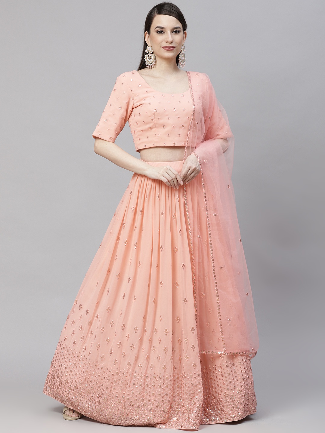 SHUBHKALA Peach-Coloured & Embroidered Sequinned Semi-Stitched Lehenga & Unstitched Blouse With Dupatta
SHUBHKALA Peach-Coloured & Embroidered Sequinned Semi-Stitched Lehenga & Unstitched Blouse With Dupatta