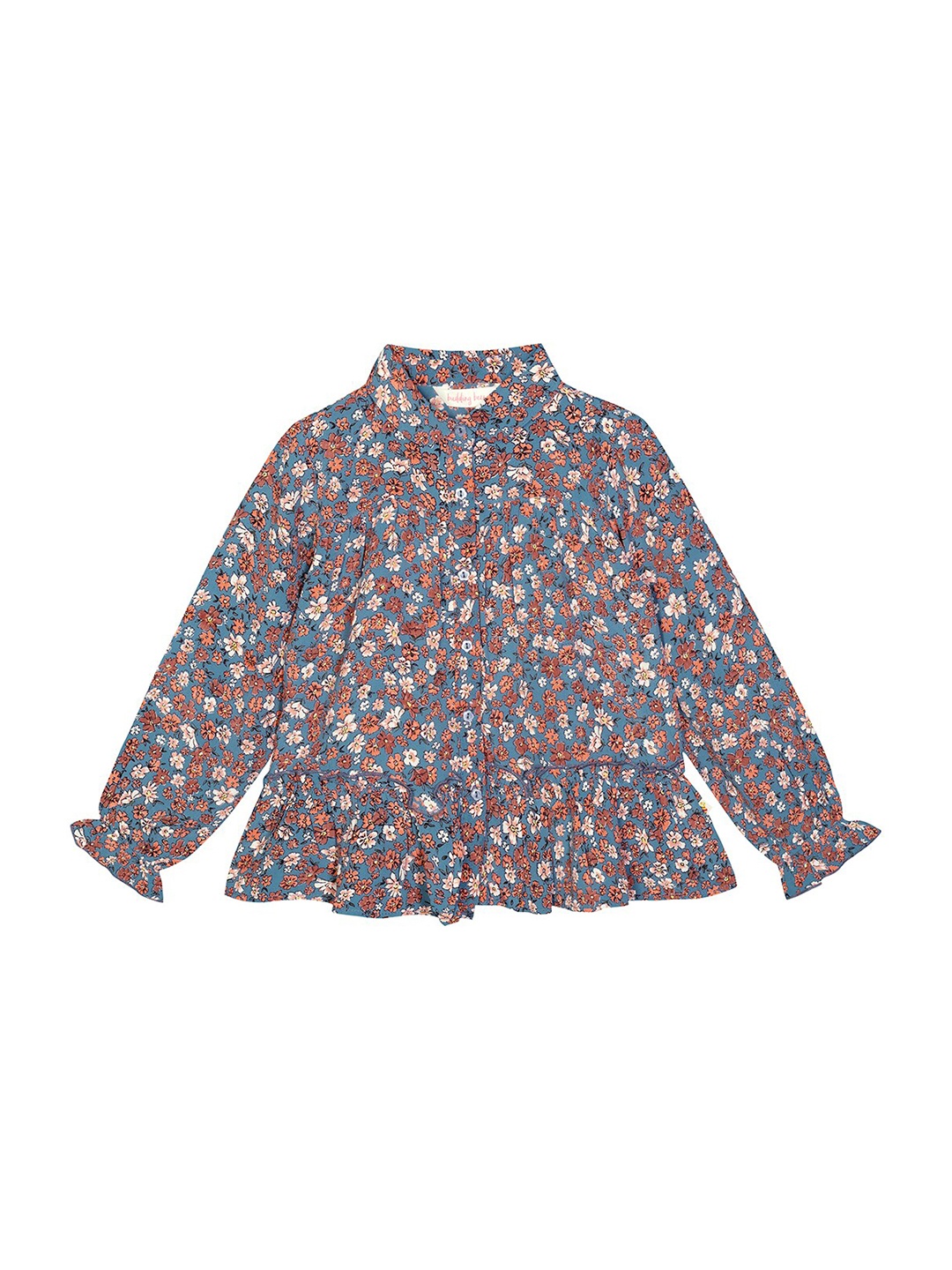 Budding Bees Blue & Brown Floral Georgette Shirt Style Top