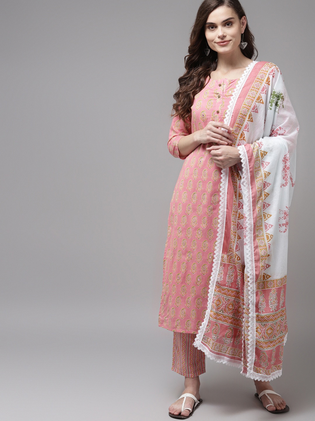 Indo Era Women Peach-Coloured Ethnic Motifs Printed Panelled Kurta with Trousers & Dupatta
Indo Era Women Peach-Coloured Ethnic Motifs Printed Panelled Kurta with Trousers & Dupatta