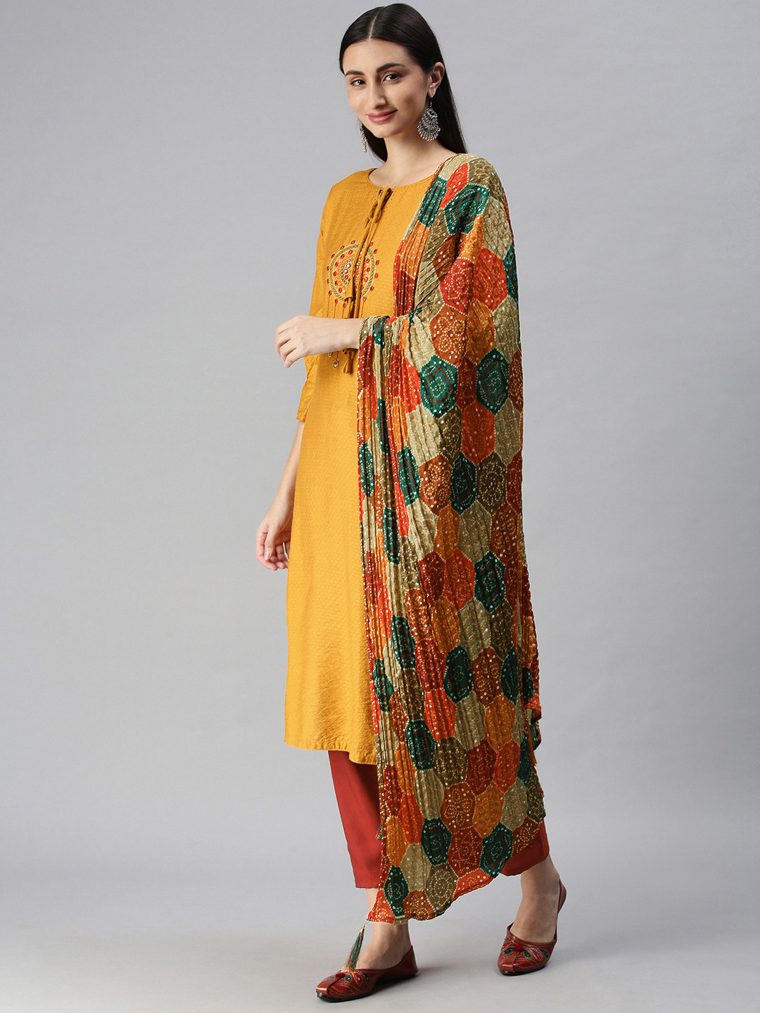 SheWill Women Yellow Hand Embroidered Mirror Work Kurta with Trousers & Bandhani Dupatta
SheWill Women Yellow Hand Embroidered Mirror Work Kurta with Trousers & Bandhani Dupatta