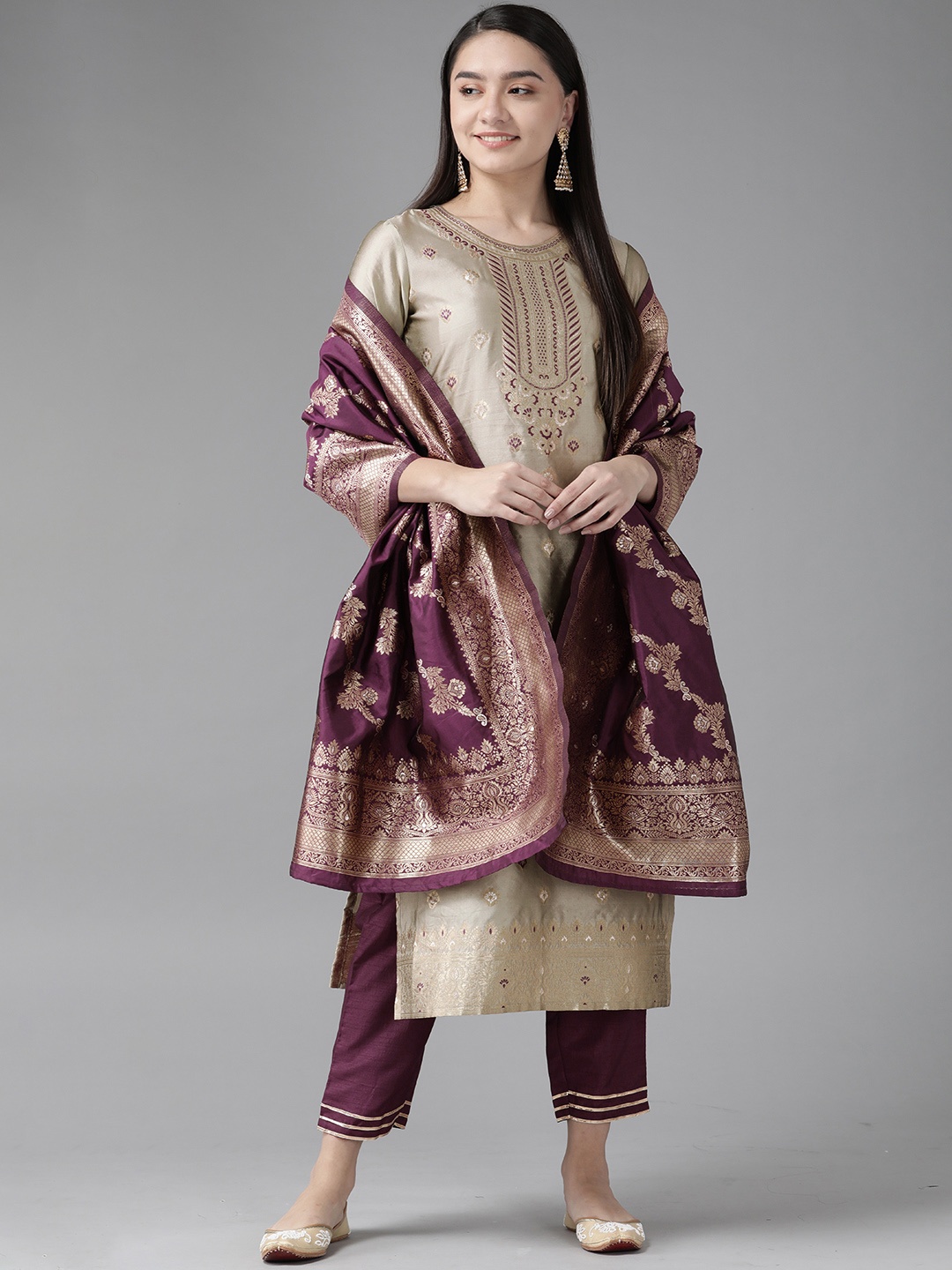 Indo Era Taupe & Gold Ethnic Woven Design Chanderi Silk Kurta with Trousers & With Dupatta
Indo Era Taupe & Gold Ethnic Woven Design Chanderi Silk Kurta with Trousers & With Dupatta