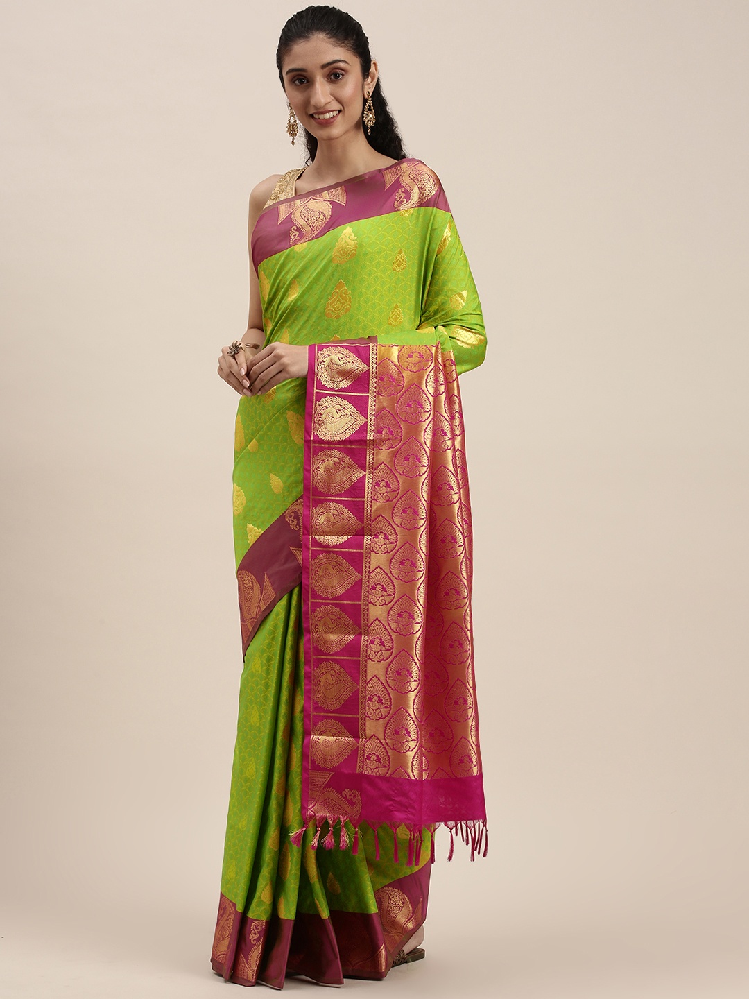 Thara Sarees Green & Pink Ethnic Motifs Zari Art Silk Kanjeevaram Saree