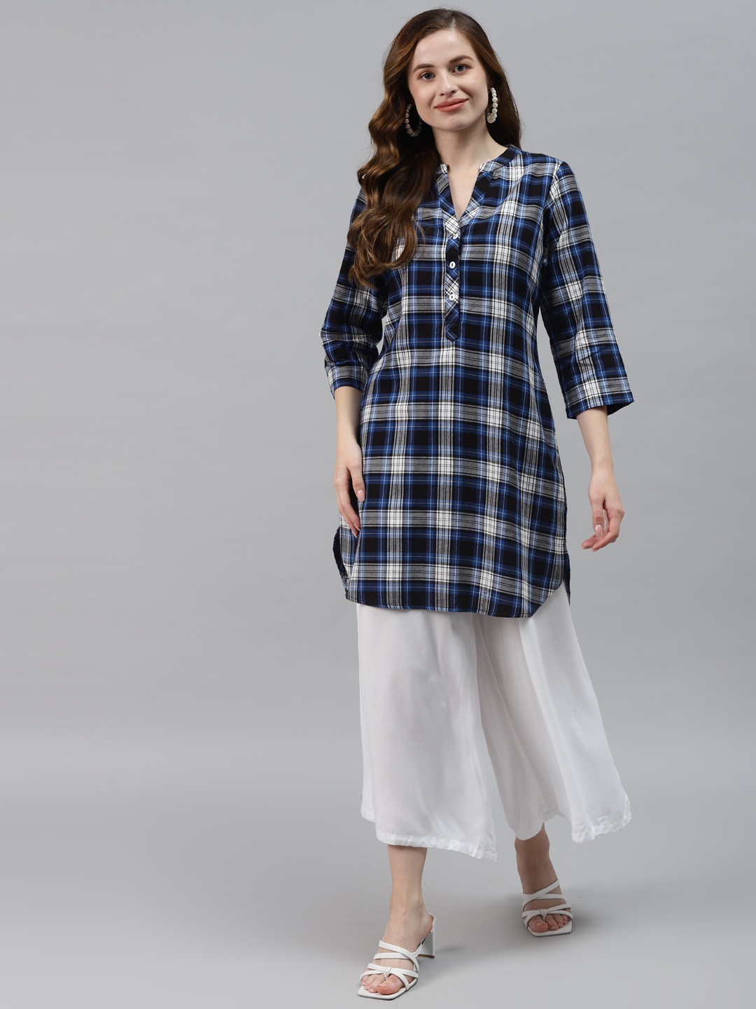 Ayaany Blue & White Mandarin Collar Checked Tunic