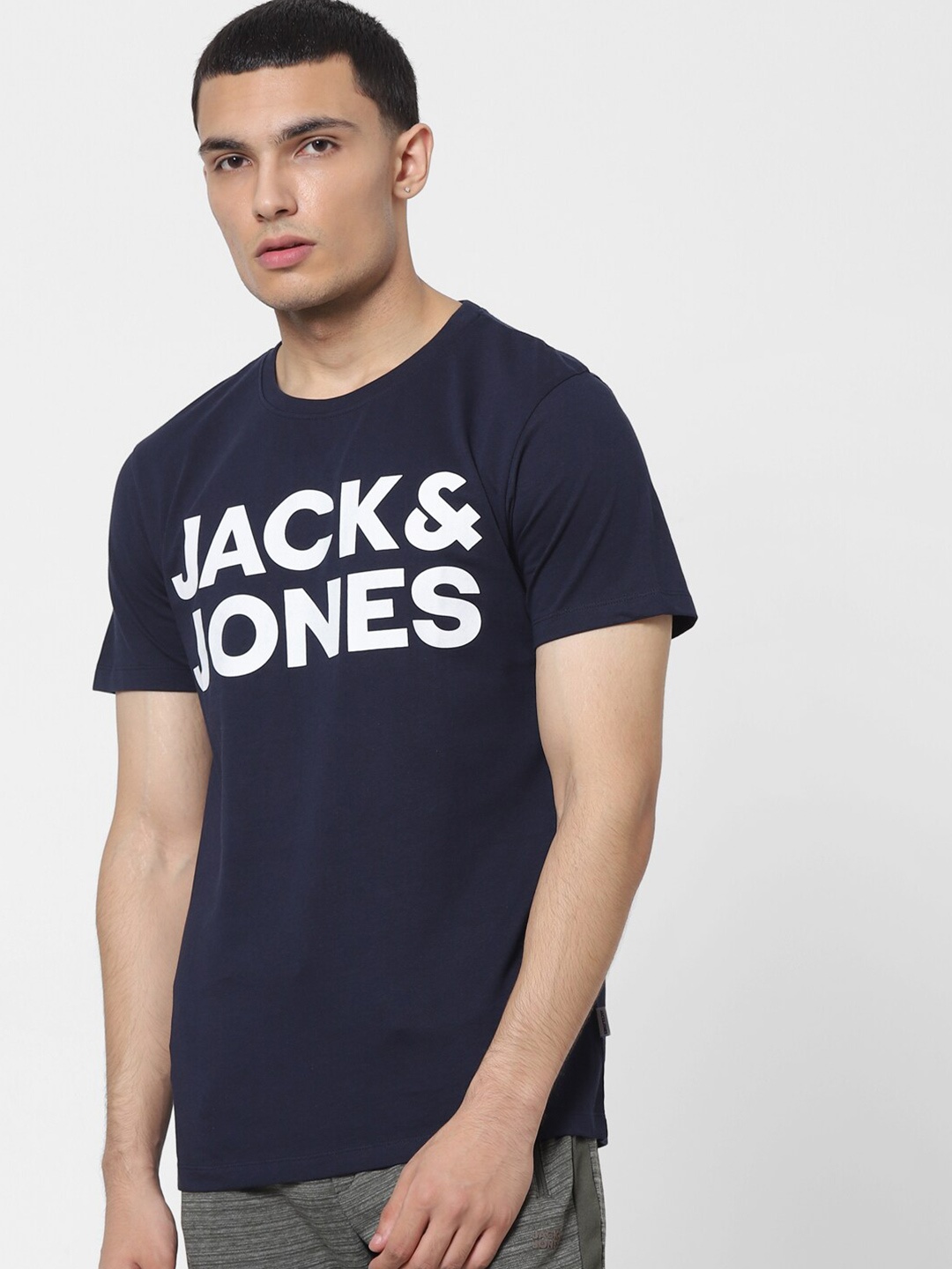 Jack & Jones Men Blue Brand Logo Printed Slim Fit T-shirt