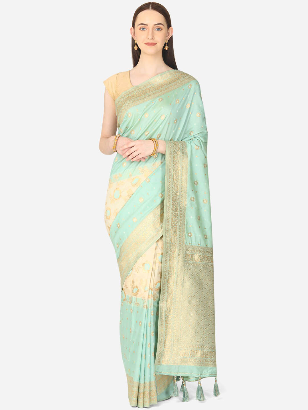 BOMBAY SELECTIONS Sea Green & Gold-Toned Woven Design Zari Art Silk Banarasi Saree
BOMBAY SELECTIONS Sea Green & Gold-Toned Woven Design Zari Art Silk Banarasi Saree