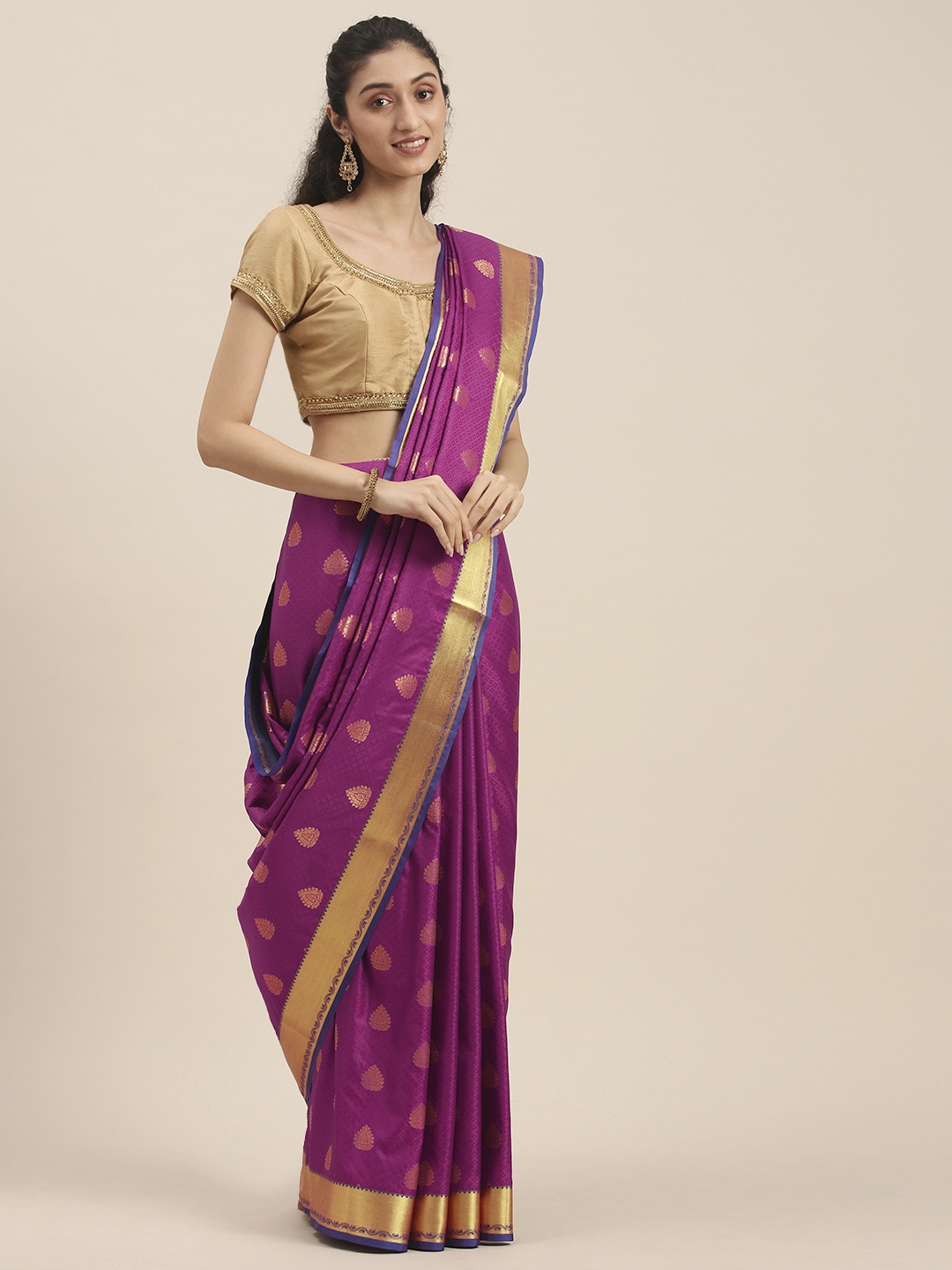 Thara Sarees Violet & Blue Ethnic Motifs Zari Art Silk Kanjeevaram Saree