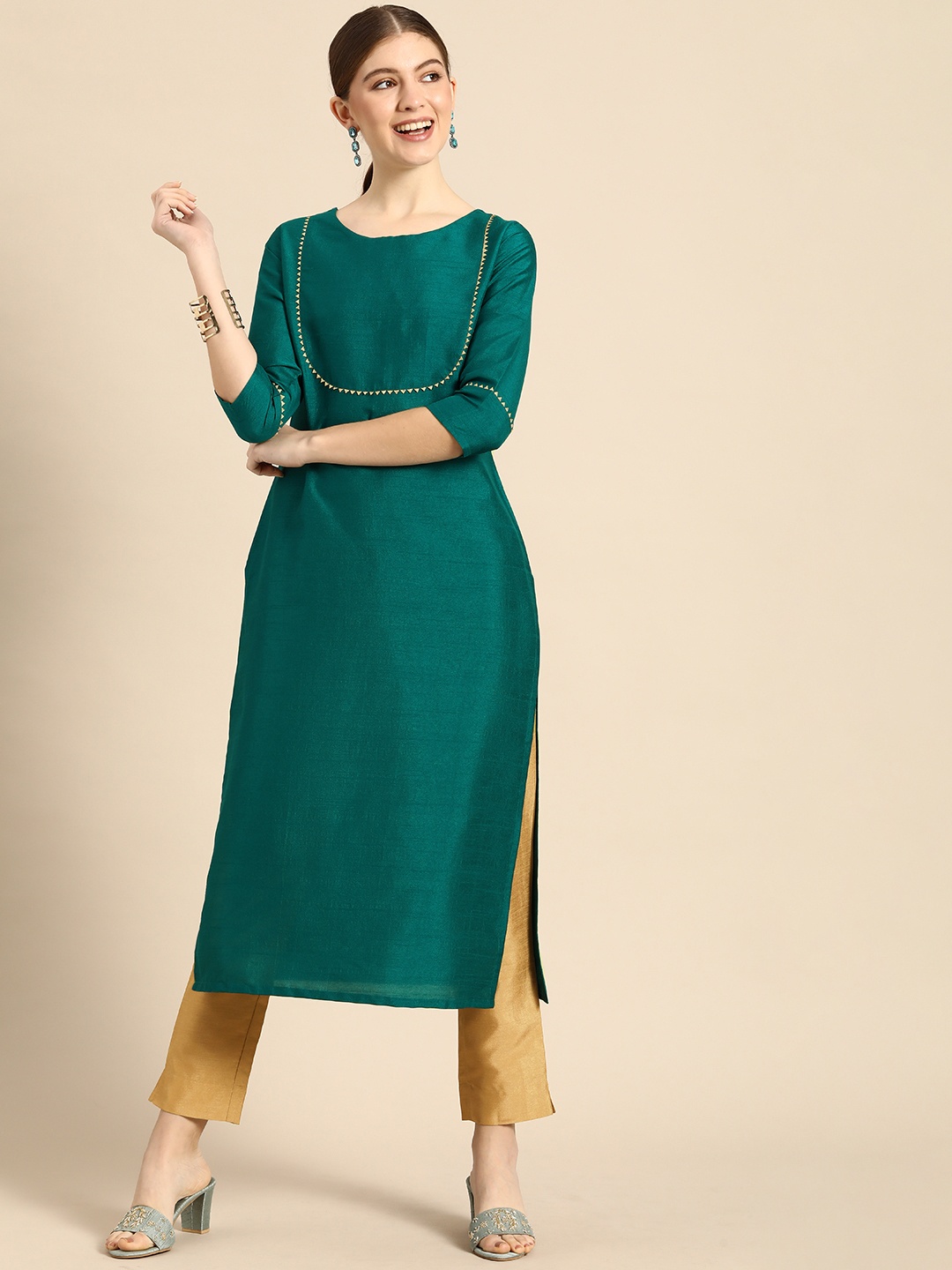 Janasya Women Green Regular Kurta with Trousers