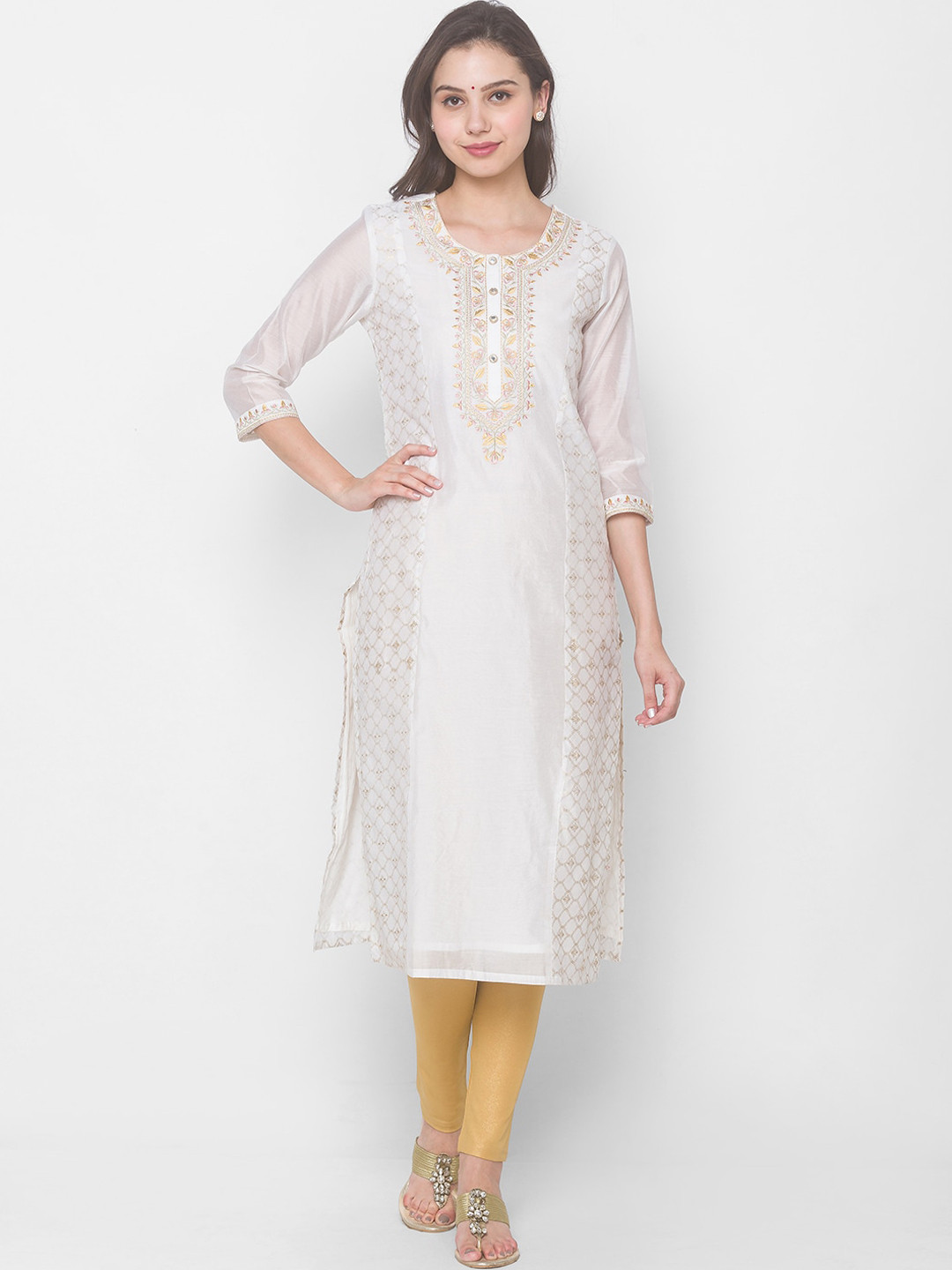 Globus Women Off White & Gold-Toned Ethnic Motifs Printed Thread Work Chanderi Silk Kurta
Globus Women Off White & Gold-Toned Ethnic Motifs Printed Thread Work Chanderi Silk Kurta