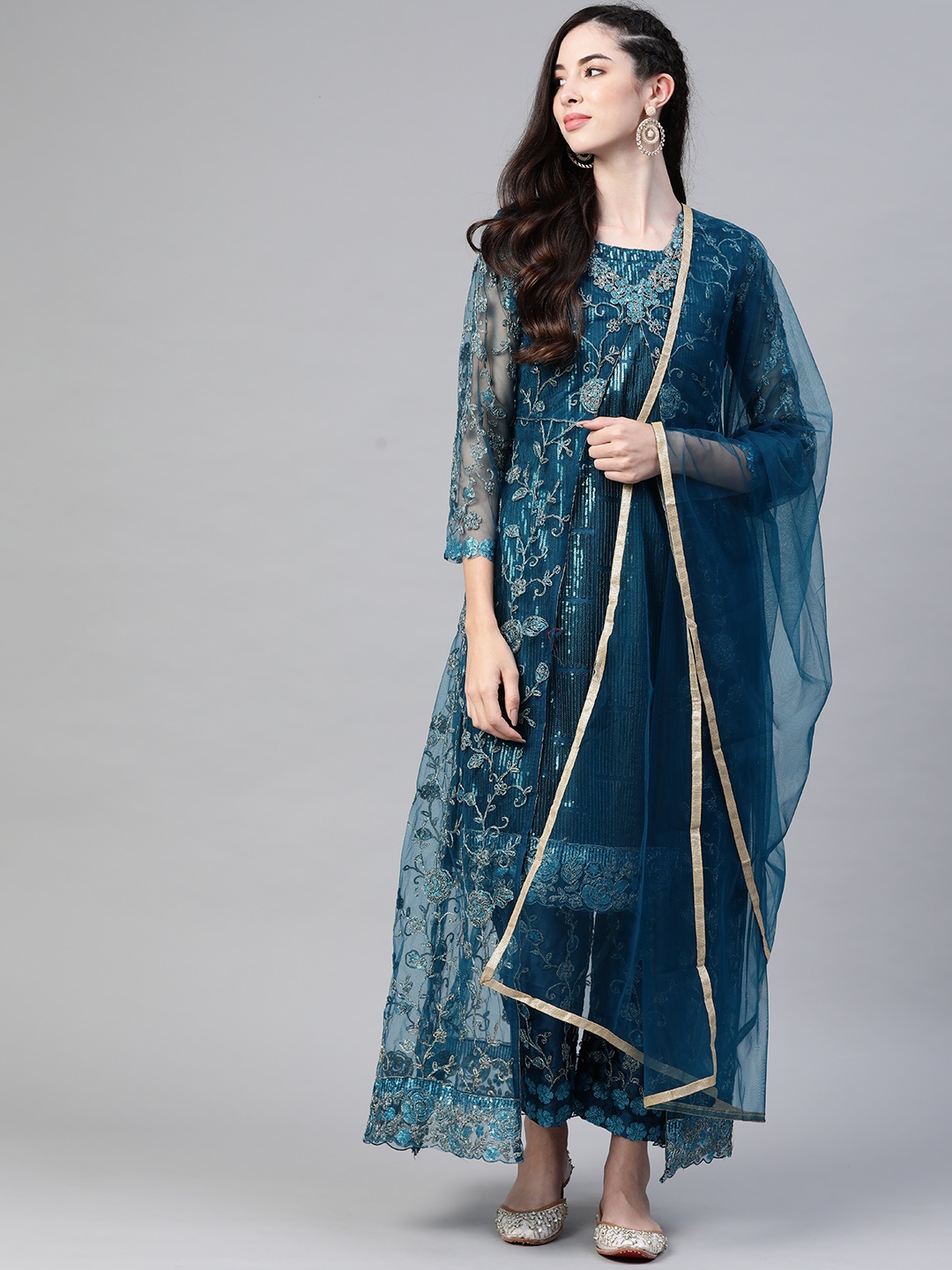 Readiprint Fashions Teal Blue Embroidered Sequined Unstitched Dress Material