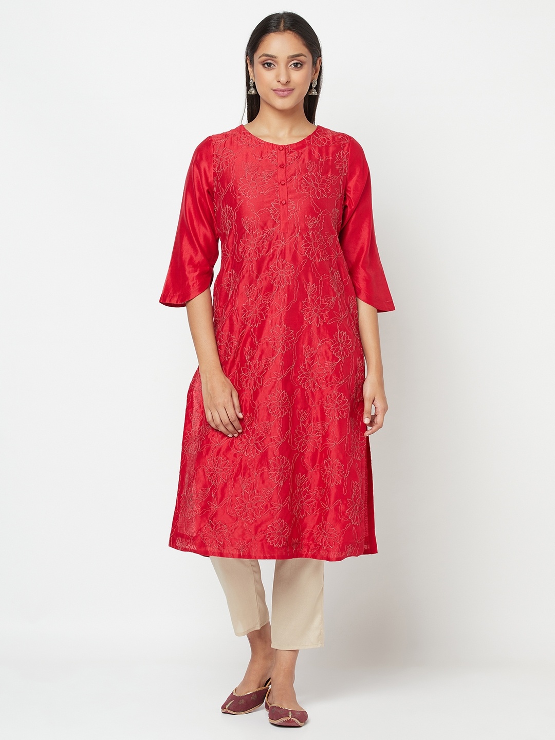 Fabindia Women Red Ethnic Motifs Embroidered Thread Work Kurta