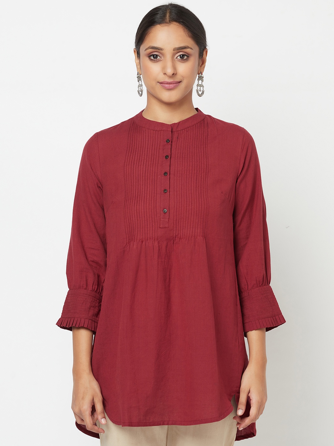 Fabindia Maroon Solid Pin Tucks Cotton Mandarin Collar Tunic
