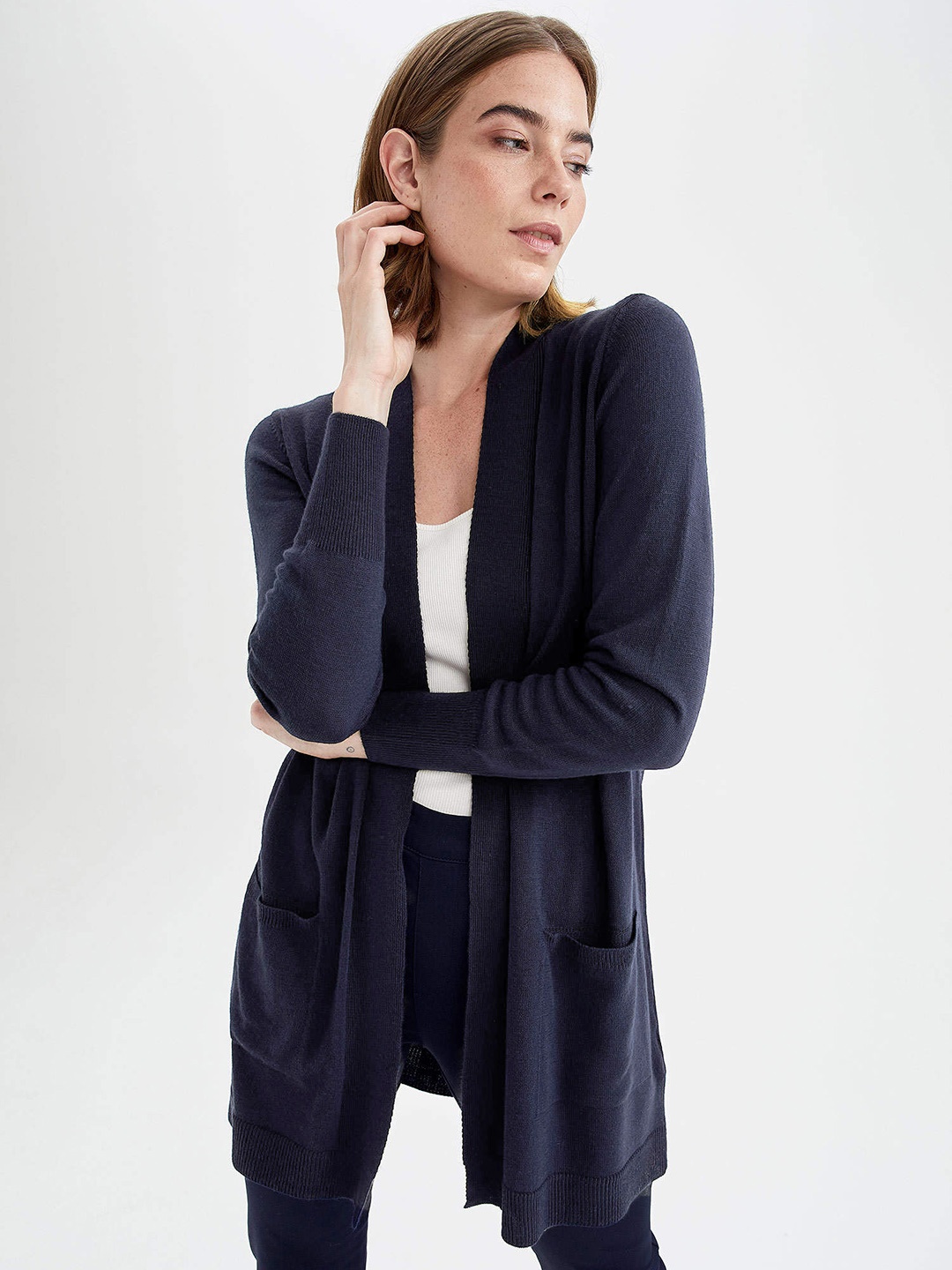 DeFacto Women Navy Blue Acrylic Longline Cardigan