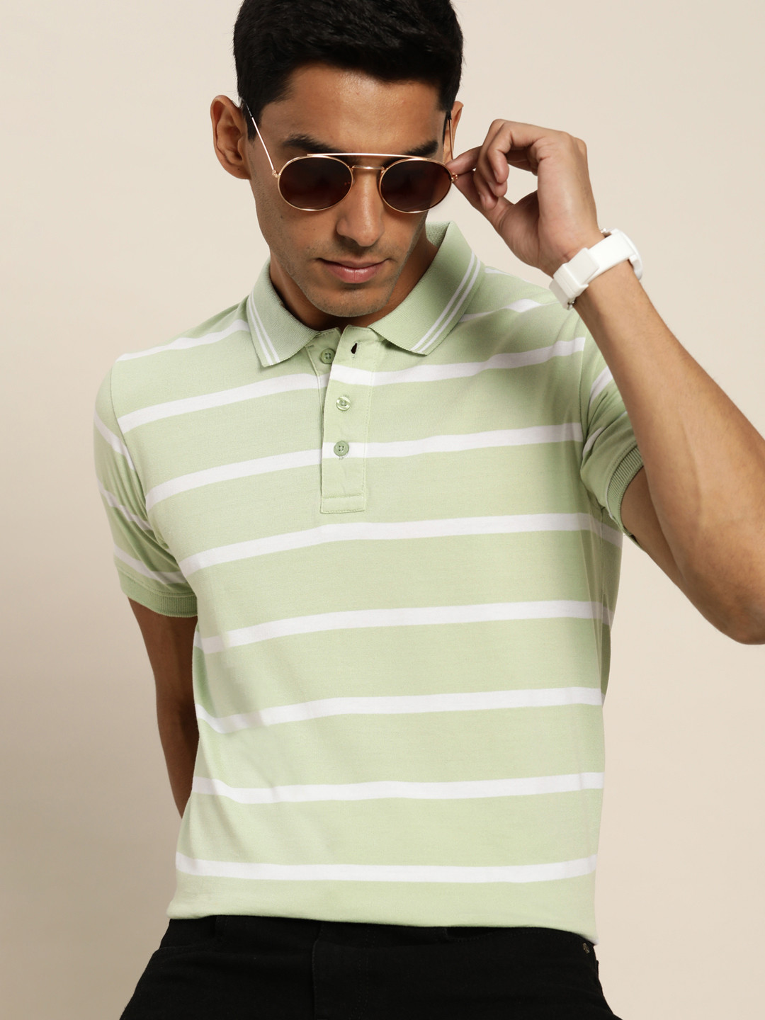 Moda Rapido Men Mint Green & White Striped Polo Collar T-shirt 
Moda Rapido Men Mint Green & White Striped Polo Collar T-shirt