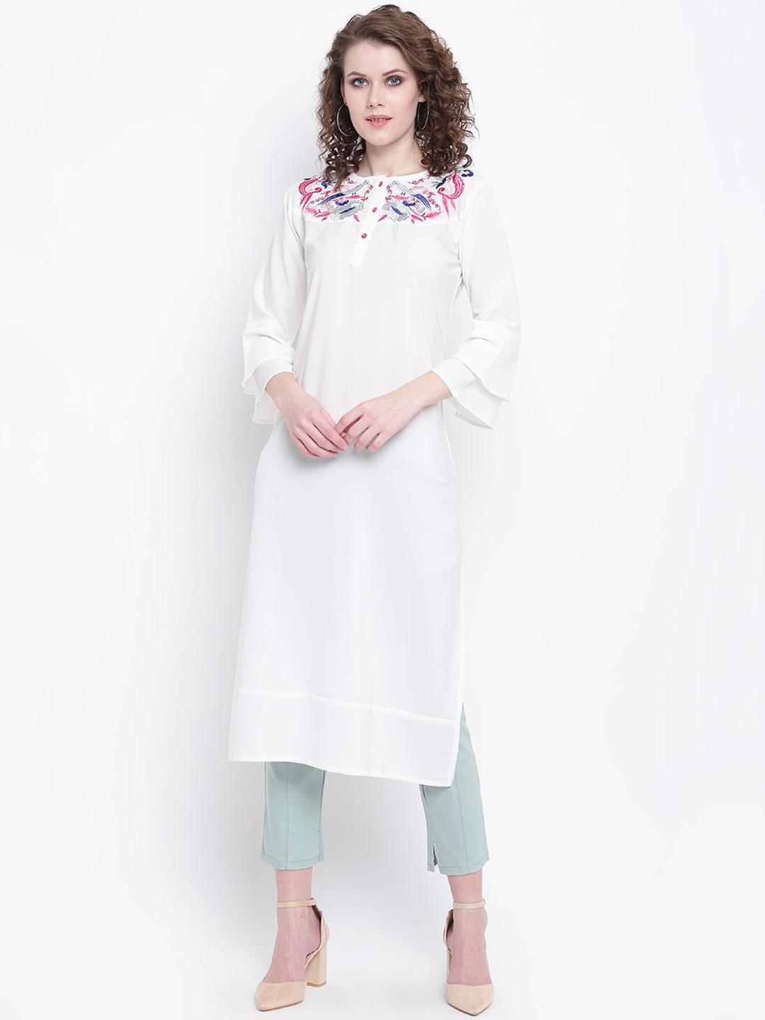 Napra Women White & Pink Yoke Design Bell Sleeves Thread Work Frills Bows and Ruffles Georgette Kurta
Napra Women White & Pink Yoke Design Bell Sleeves Thread Work Frills Bows and Ruffles Georgette Kurta