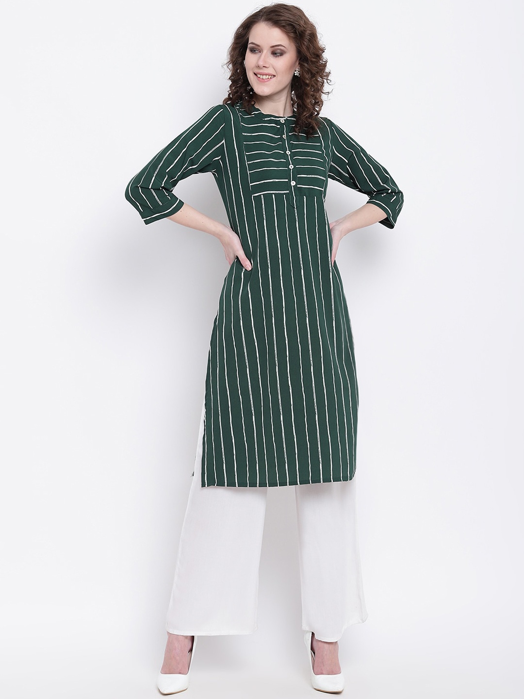 Napra Women Green & White Striped Georgette Kurta