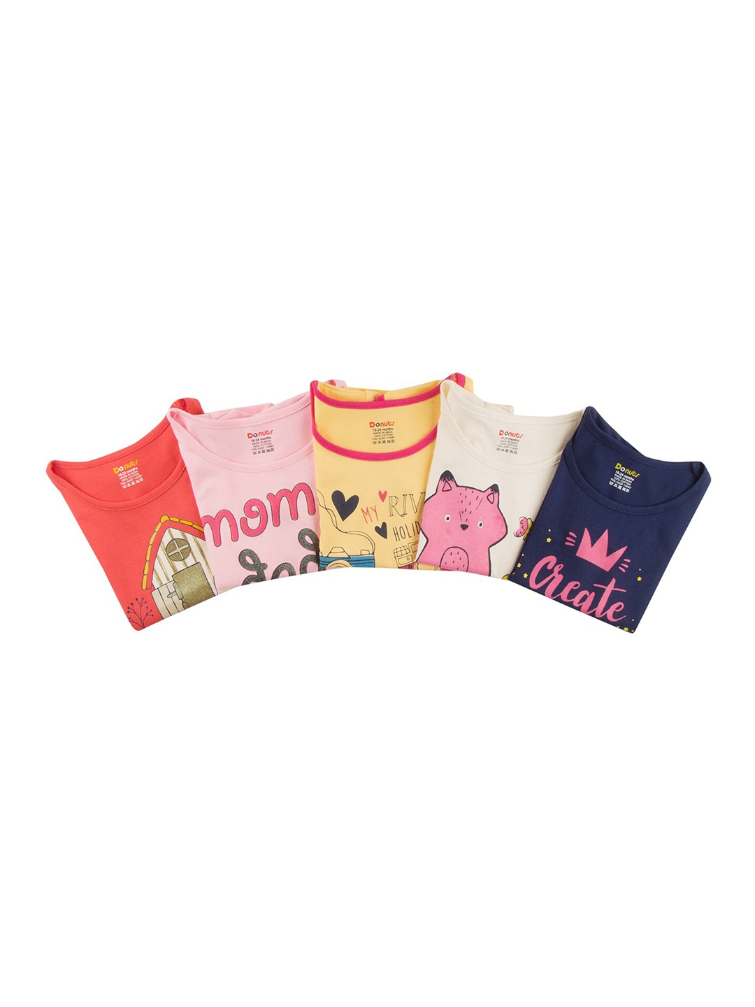 Donuts Girls Pack Of 5 Assorted Printed Pure Cotton T-shirt
