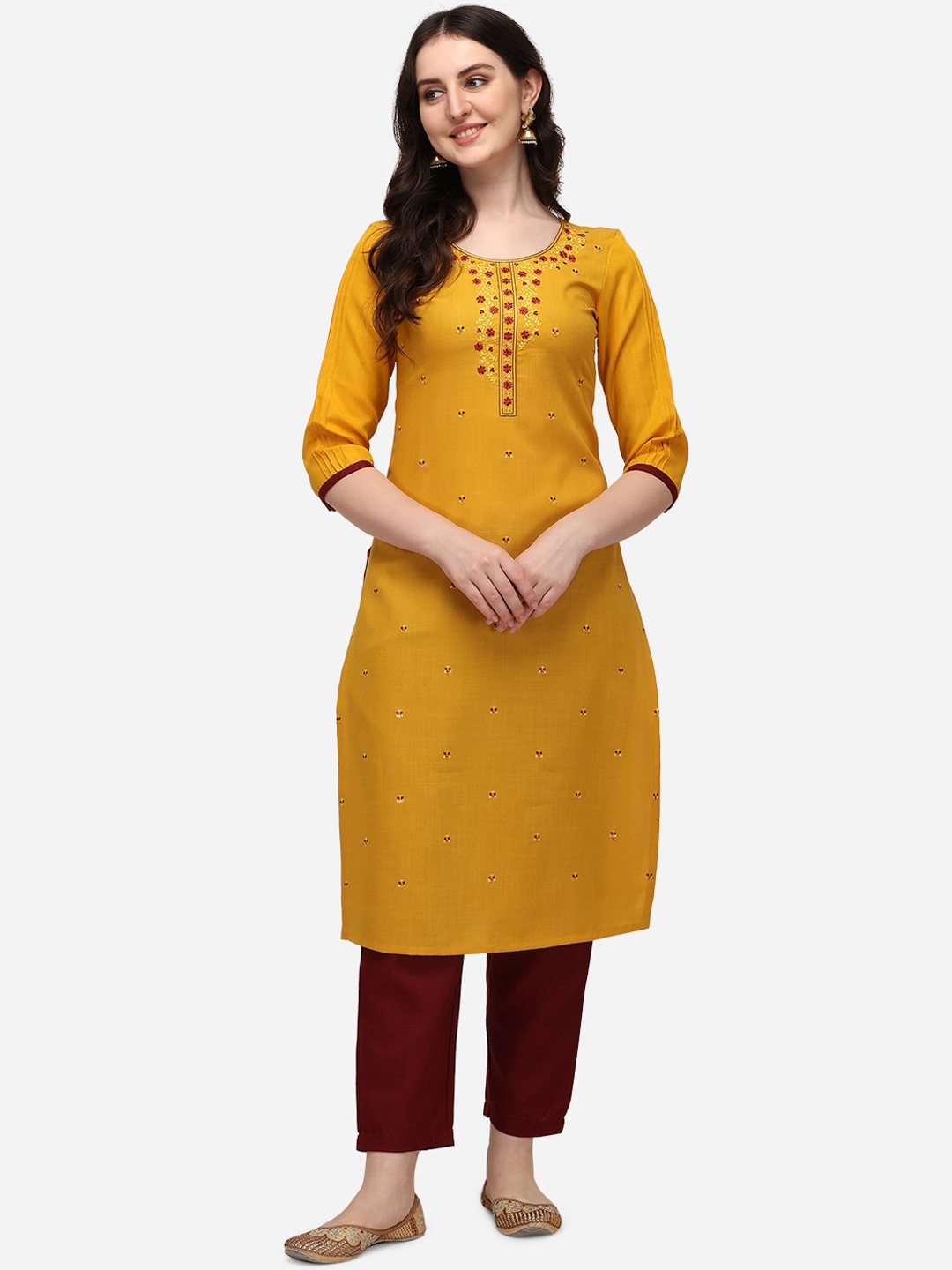 Florence Women Mustard Yellow Embroidered Thread Work Kurta