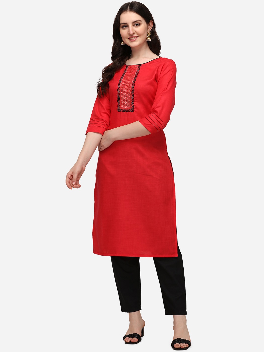 Florence Women Red Regular Thread Work Pure Cotton Kurta with Trousers