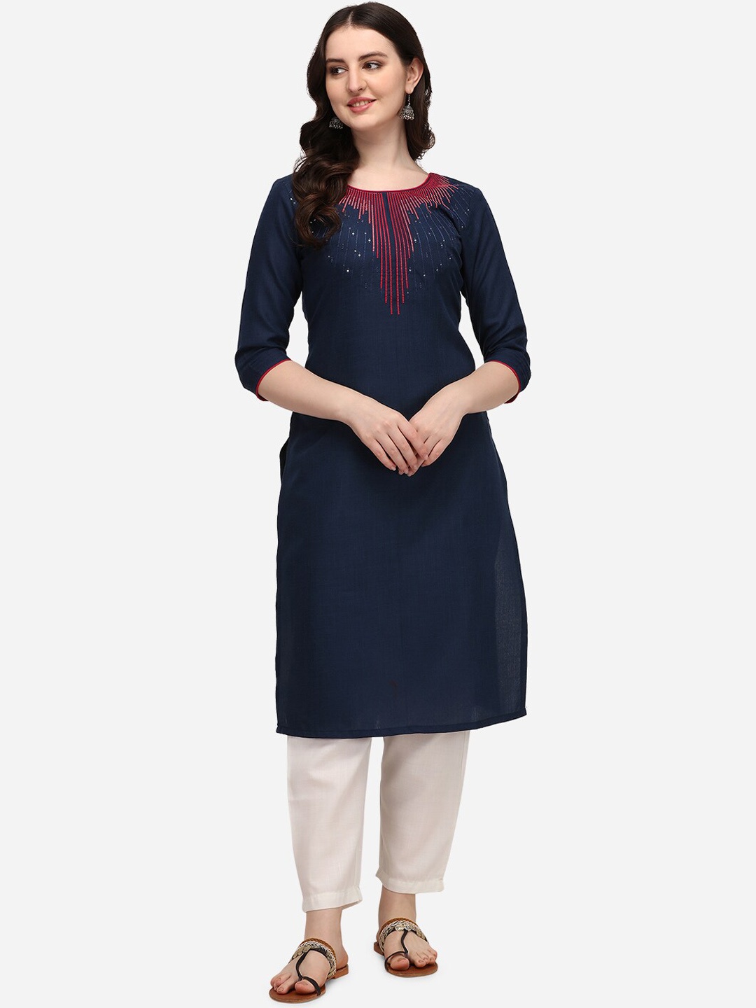 Florence Women Navy Blue & Off-White Yoke Design Thread Work Pure Cotton Kurta & Trousers
Florence Women Navy Blue & Off-White Yoke Design Thread Work Pure Cotton Kurta & Trousers