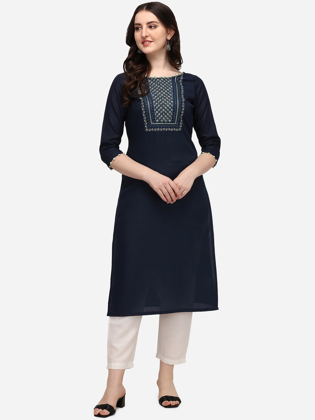 Florence Women Navy Blue Ethnic Motifs Embroidered Regular Thread Work Pure Cotton Kurta with Trousers
Florence Women Navy Blue Ethnic Motifs Embroidered Regular Thread Work Pure Cotton Kurta with Trousers