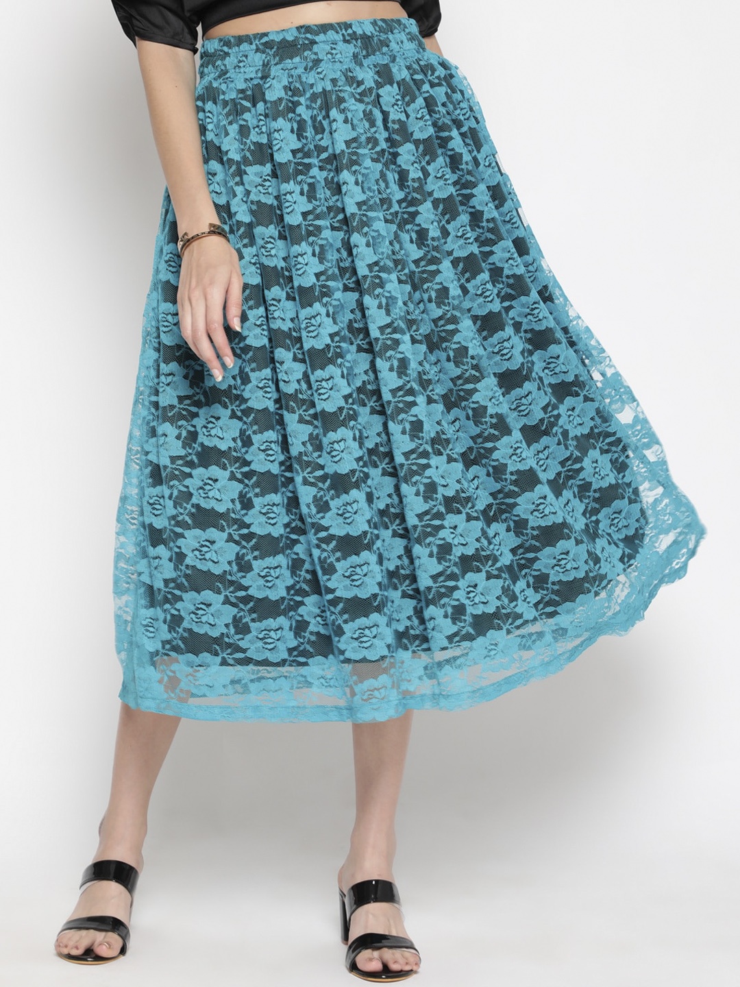 AKIMIA Teal Net Self Design Midi Skirt