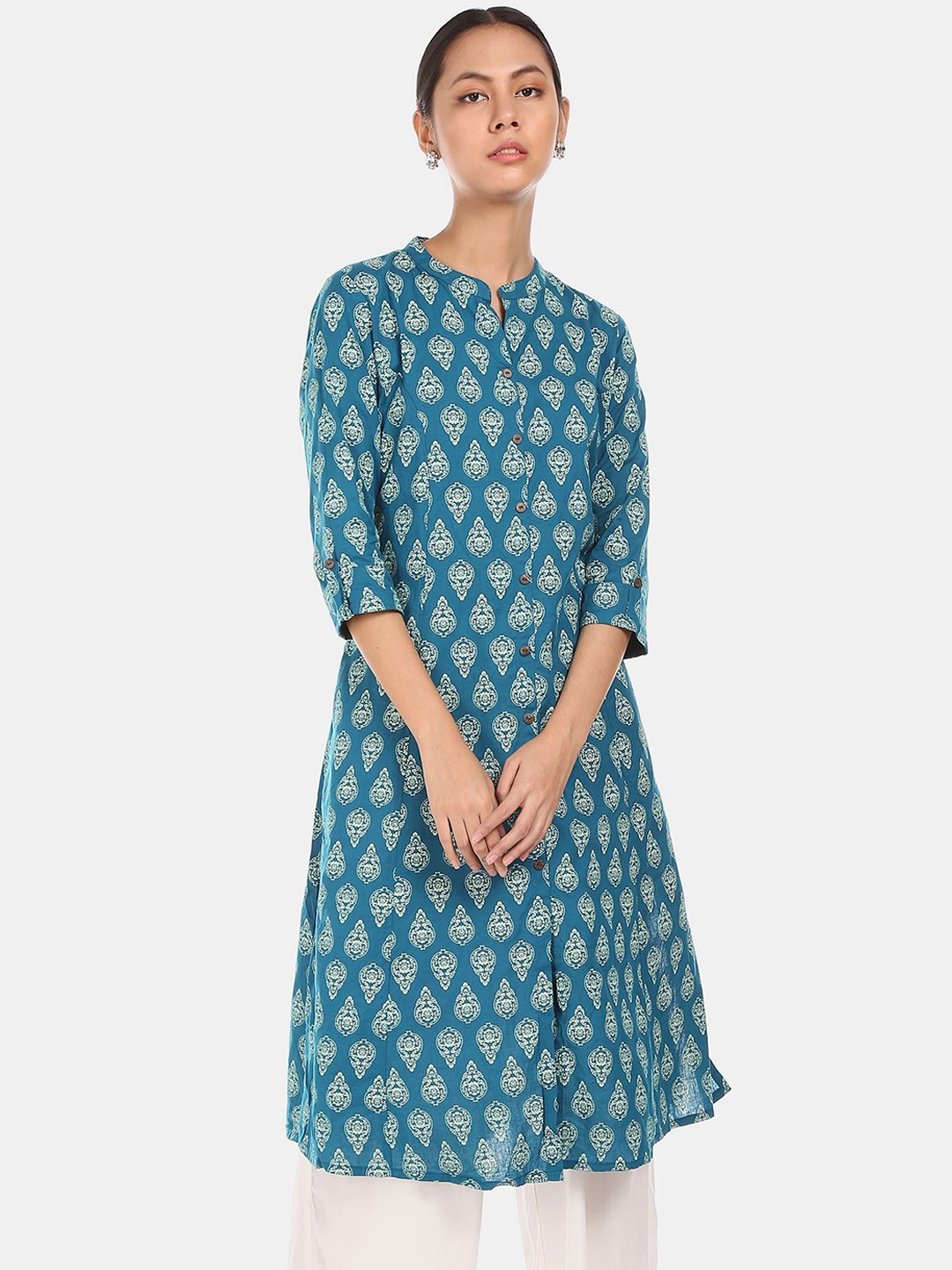 Karigari Women Blue Ethnic Motifs Printed Cotton Kurta