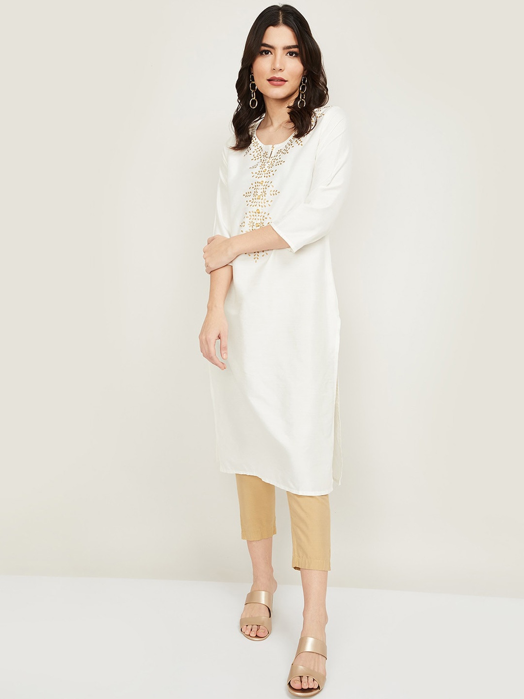 Melange by Lifestyle Women Off White & Gold Floral Printed Kurta