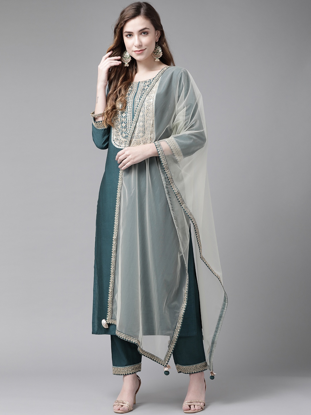 Indo Era Teal Green & Gold Striped Ethnic Yoke Design Straight Kurta Trousers & Dupatta
Indo Era Teal Green & Gold Striped Ethnic Yoke Design Straight Kurta Trousers & Dupatta