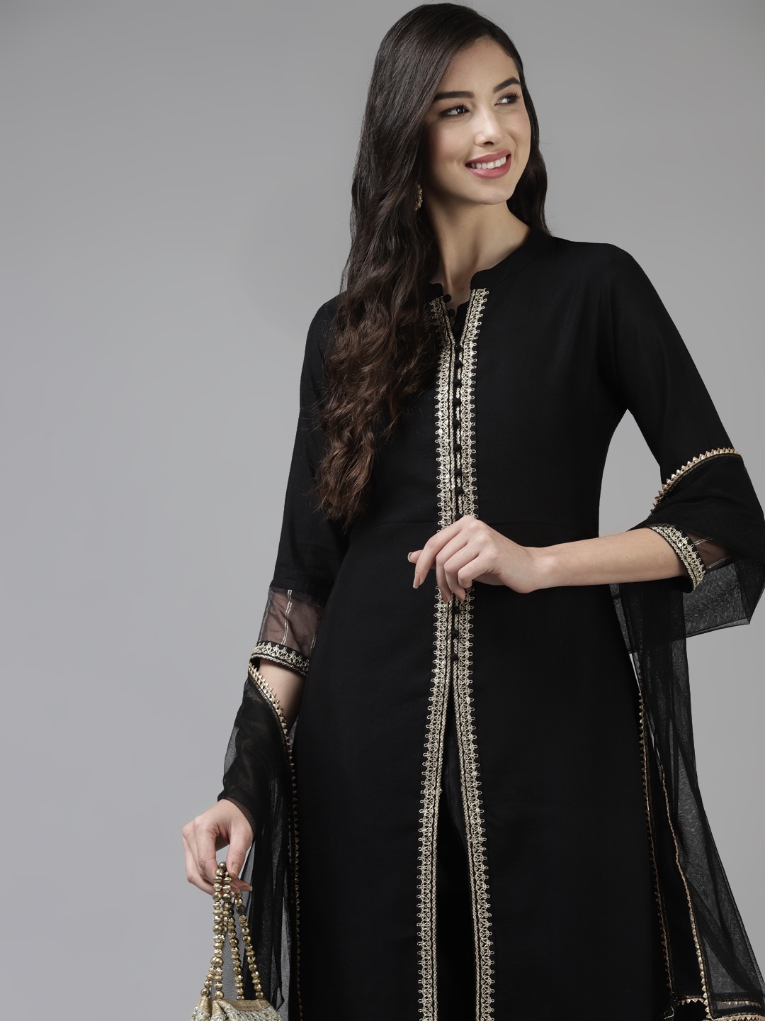 Indo Era Black & White Striped High Slit Thread Work Liva A-Line Kurta Trousers Dupatta
Indo Era Black & White Striped High Slit Thread Work Liva A-Line Kurta Trousers Dupatta