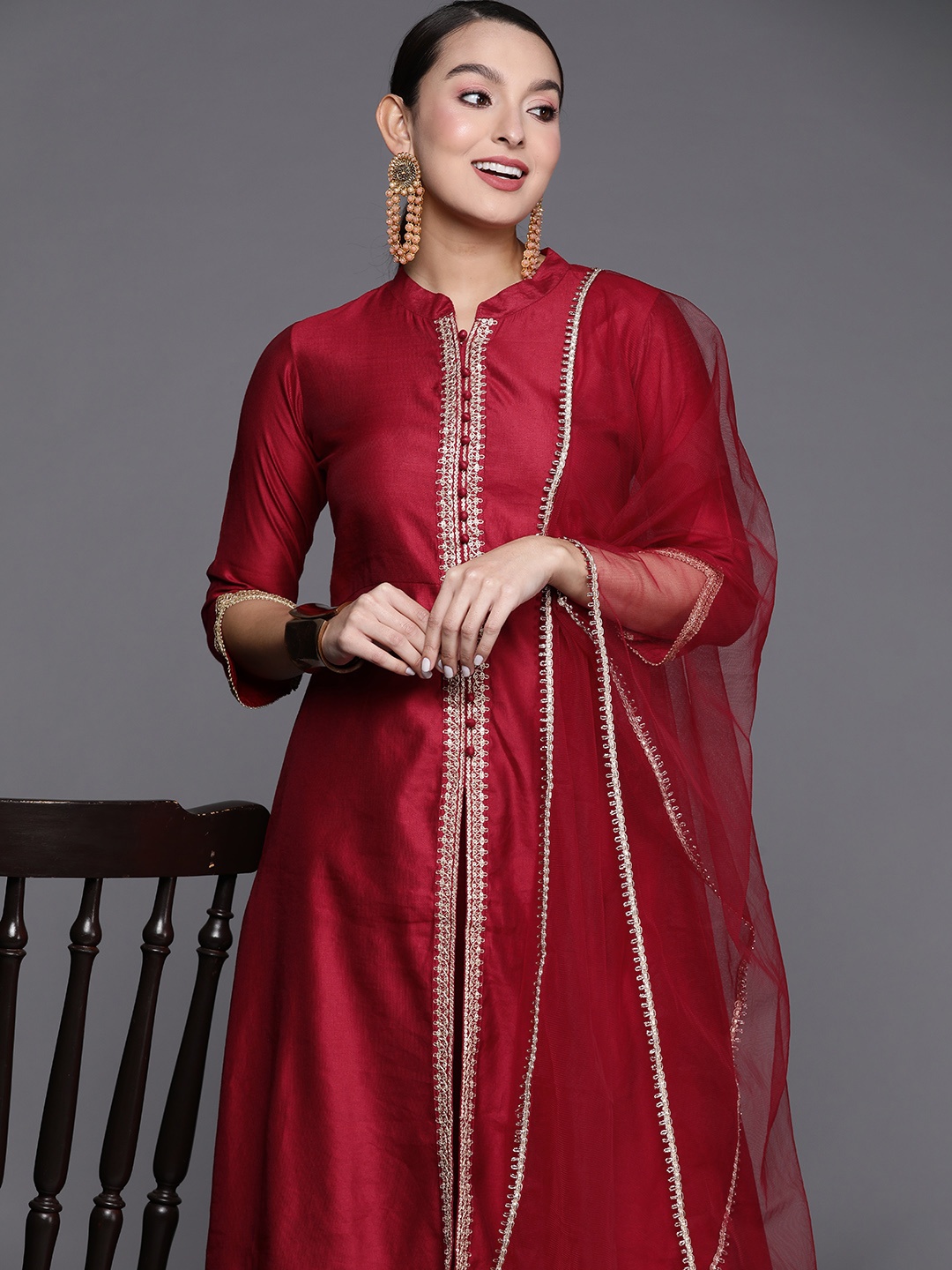 Indo Era Women Striped High Slit Thread Work Liva Kurta With Trousers & Dupatta, Red
Indo Era Women Striped High Slit Thread Work Liva Kurta With Trousers & Dupatta, Red