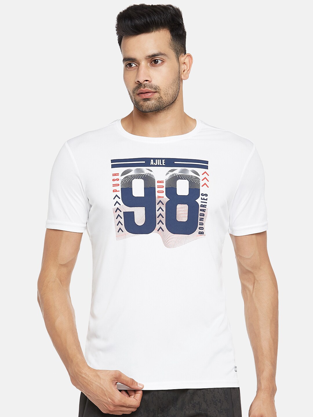 Ajile by Pantaloons Men White & Navy Blue Typography Printed Slim Fit T-shirt