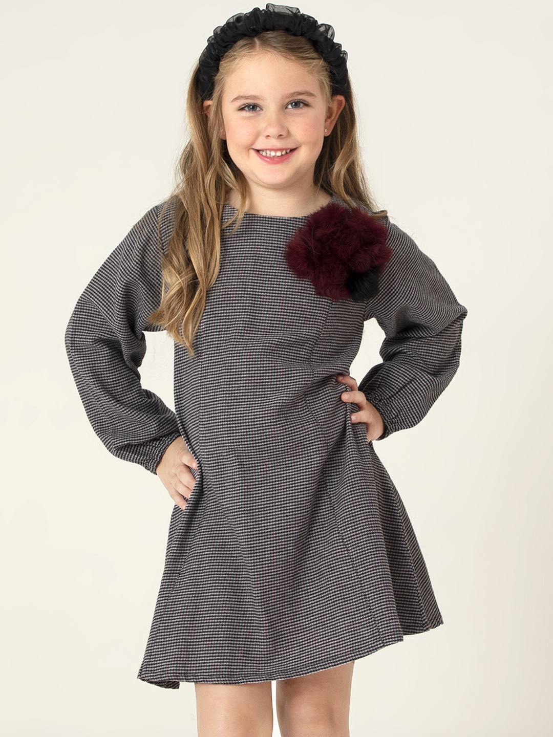 Cherry Crumble Girls Grey & Black Cotton Houndstooth Winter A-Line Dress with Pom-Pom
Cherry Crumble Girls Grey & Black Cotton Houndstooth Winter A-Line Dress with Pom-Pom