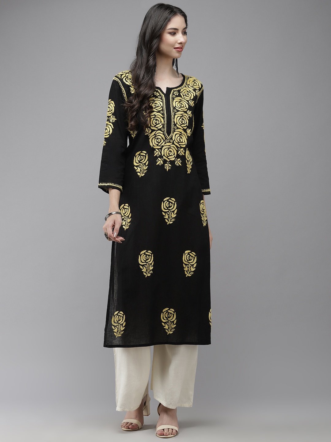 ADA Women Black & Yellow Ethnic Motifs Embroidered Thread Work Handloom Handloom Kurta
ADA Women Black & Yellow Ethnic Motifs Embroidered Thread Work Handloom Handloom Kurta