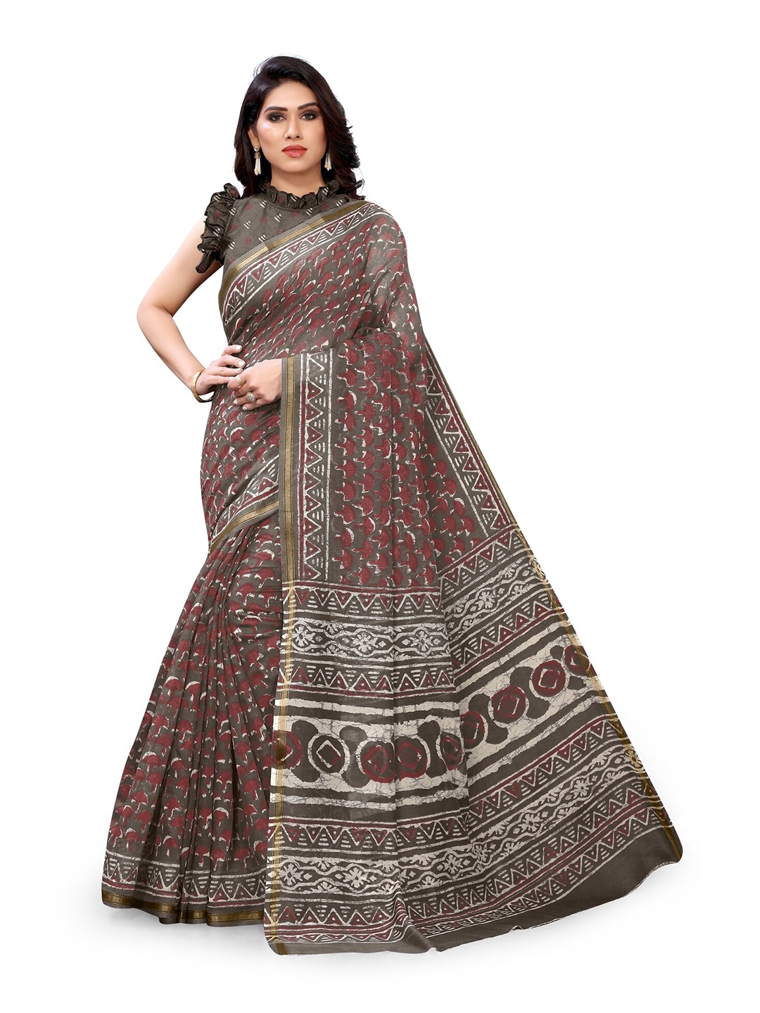 KALINI Brown & Maroon Printed Zari Saree
