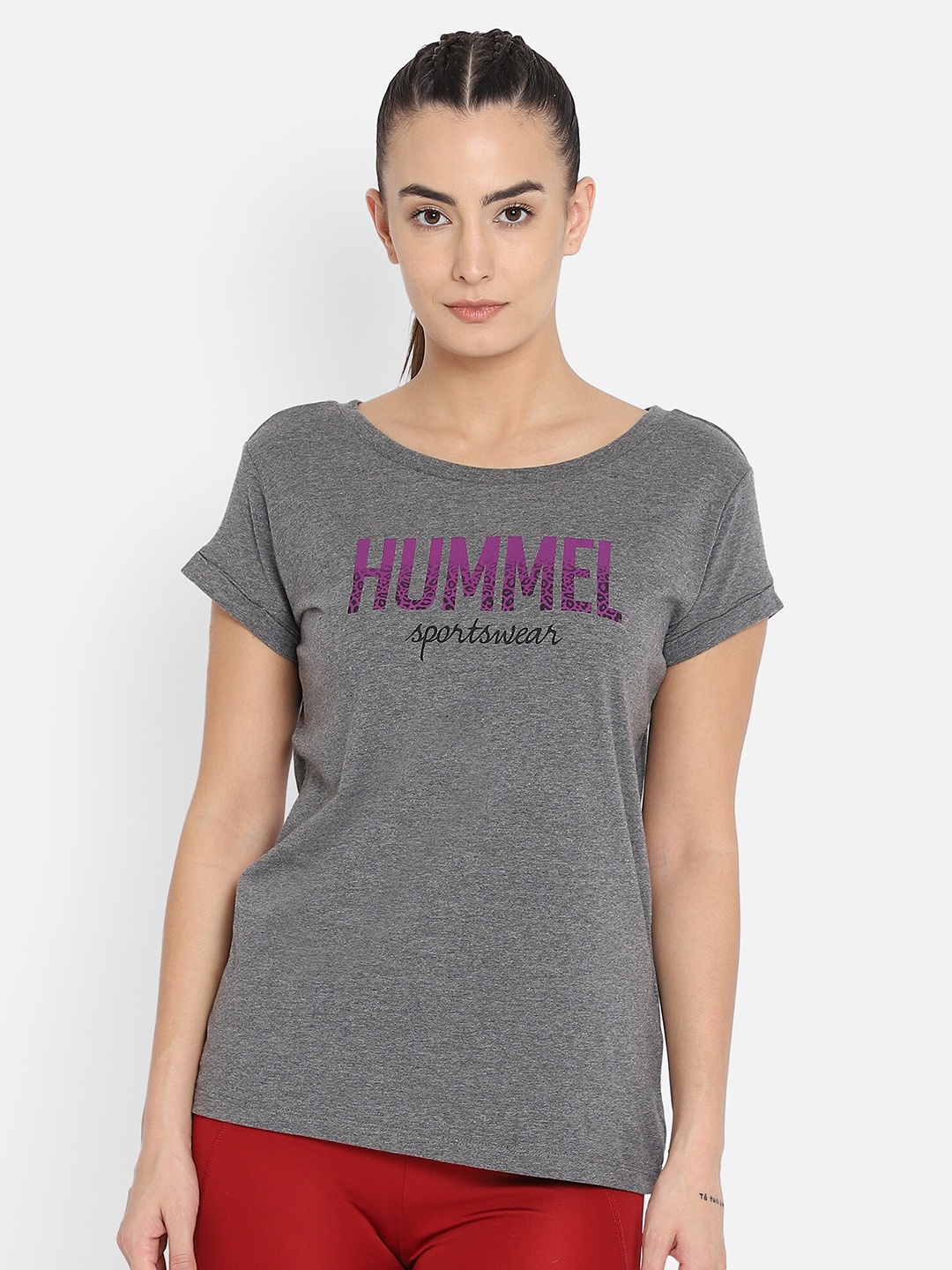 hummel Women Green & Purple Typography Printed Pure Cotton T-shirt