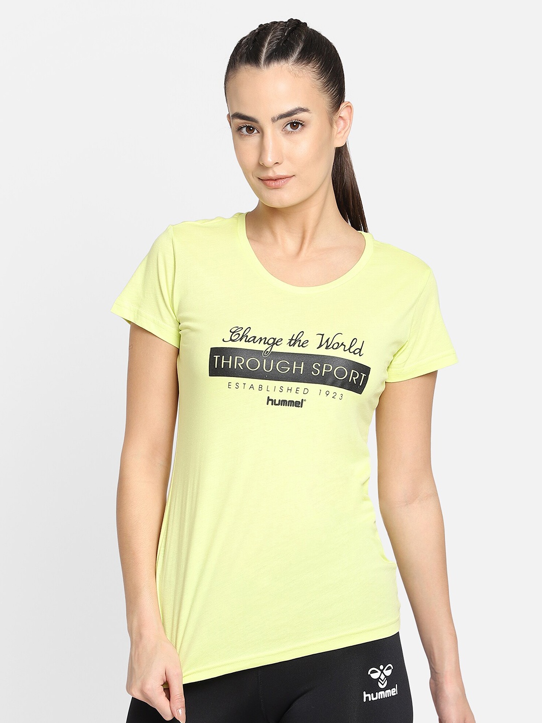 hummel Women Yellow Typography Printed Pure Cotton T-shirt