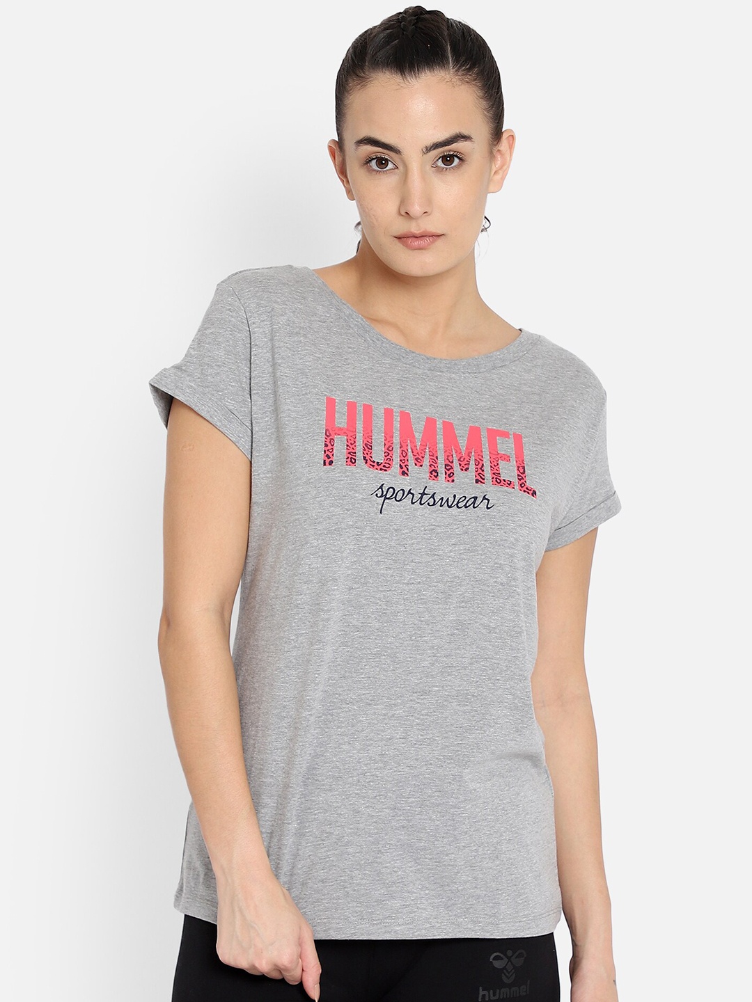 hummel Women Grey Brand Logo Printed Extended Sleeves Cotton T-shirt