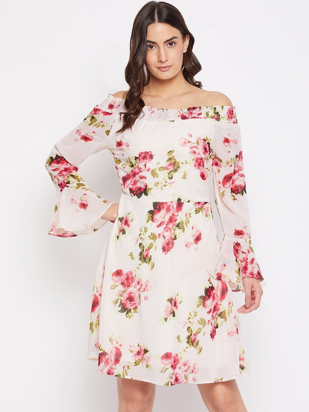 PURYS Off White & Pink Floral Off-Shoulder Georgette A-Line Dress