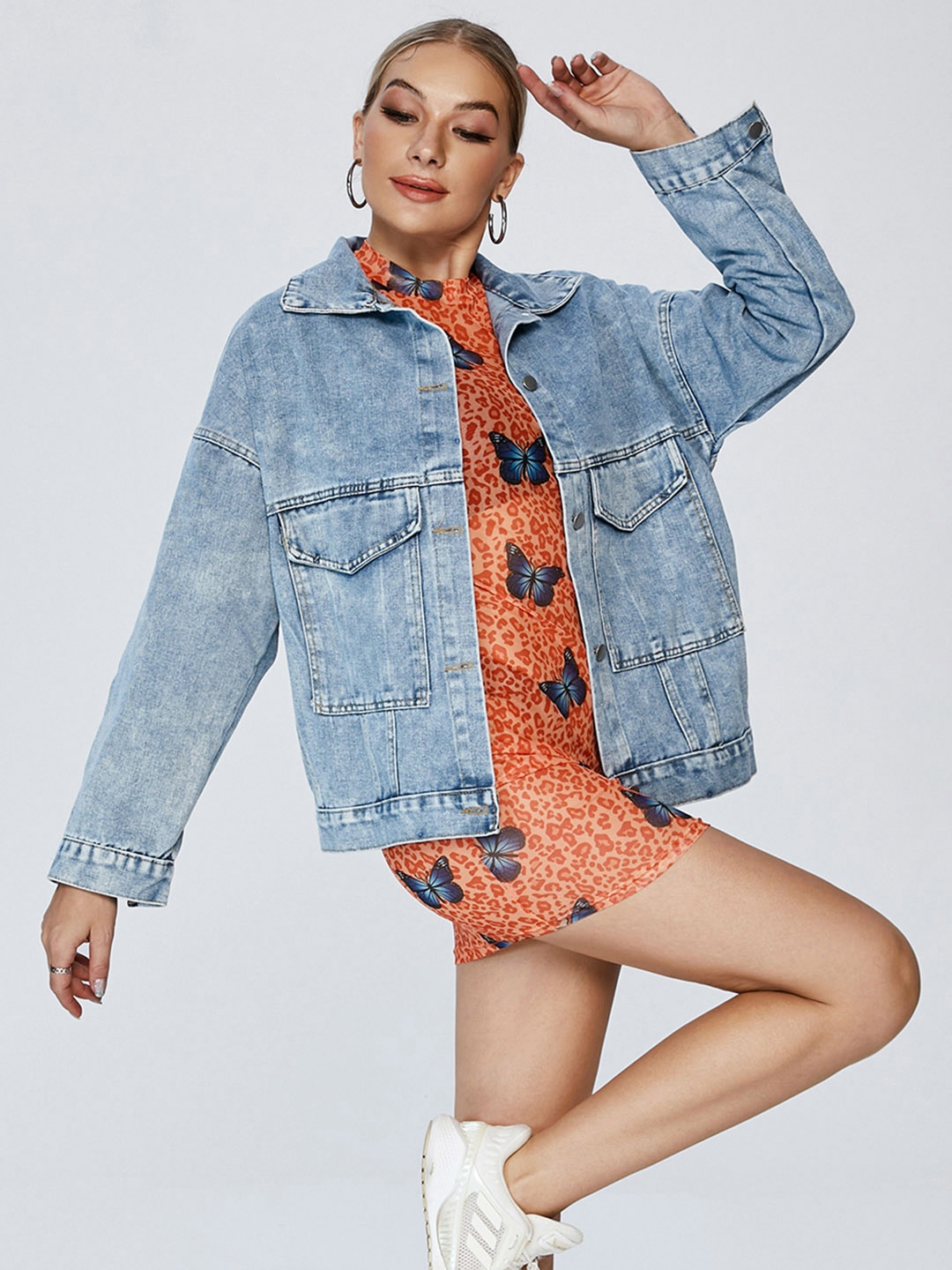 URBANIC Women Blue Embroidered Oversized Pocket Denim Jacket